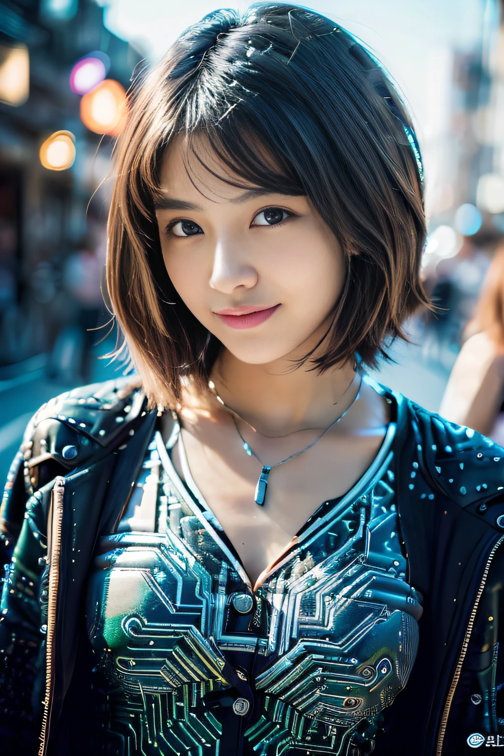 (Best Quality:1.4), (8K), 32K, (UHD), (Masterpiece:1.3), Photo of Japanese pretty woman, (Photorealistic), (Raw Photography), (1girl), (Ultra High Details), (Detailed face), perfect face, (Detailed hair), Beautiful hair, bangs, Layer Cut, (symmetrical eyes:1.3), (Detailed eyes), (Detailed skin), Realistic skin, Ultra high definition, (medium breasts), firm breast, (slim figure), (super model figure), gentle smile, Japanese cute young girl,
(Wearing a high fashion Beautiful shirt with intricate weave, CircuitBoardAI shirt:1.5), necklaces, earrings, bracelets,
Portrait, cowboy_shot:1.3, narrow face:1.3,
