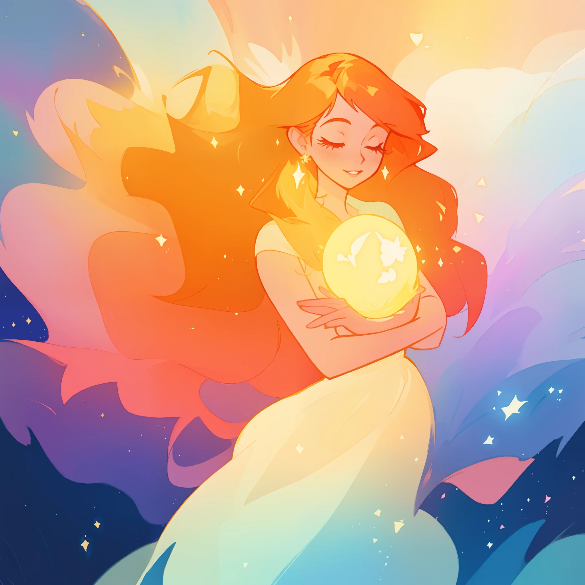beautiful girl in flowing puffy gradient gold to aqua ballgown, long sparkling red hair, delicate gold crown, fantasia background, watercolor illustration, inspired by Glen Keane, inspired by Lois van Baarle, disney art style, by Lois van Baarle, glowing aura around her, by Glen Keane, jen bartel, glowing lights! digital painting, flowing glowing hair, glowing flowing hair, beautiful digital illustration, fantasia otherworldly landscape plants flowers, beautiful, masterpiece, best quality, anime disney style