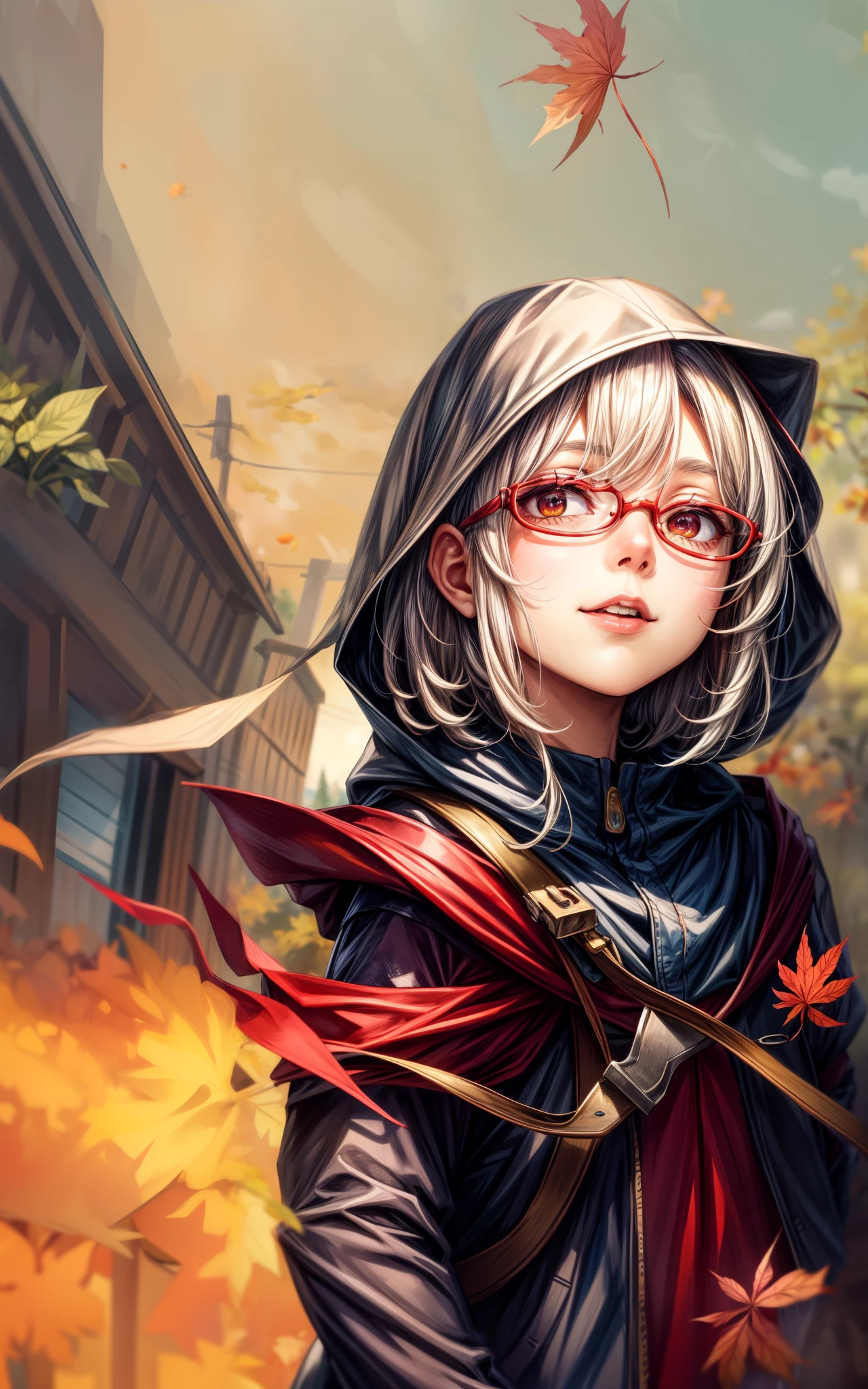 autumn_leaves, autumn, red_eyes, 1girl, orange_hair, hood, leaf, maple_leaf, solo, holding, looking_at_viewer, outdoors, gloves, bangs, smile, hood_up, long_sleeves, fujimaru_ritsuka_(female), jewelry, "Photorealistic, Hyperrealistic, Hyperdetailed, analog style, soft lighting, subsurface scattering, realistic, heavy shadow, masterpiece, best quality, ultra realistic, 8k, golden ratio, Intricate, High Detail, film photography, soft focus"