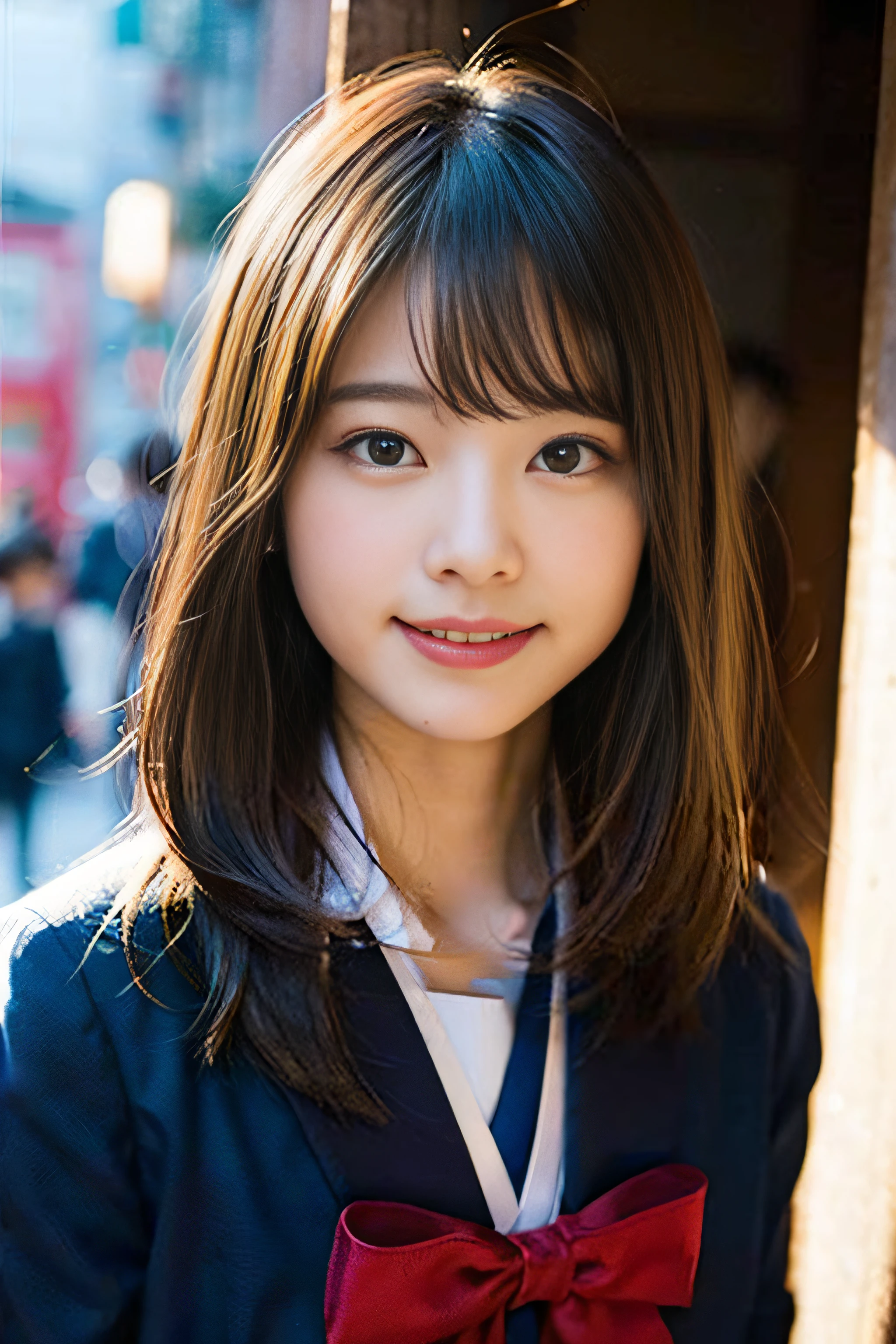 (8K、Raw photography、top-quality、masterpiece:1.2)、(realisitic、Photorealsitic:1.37)、ultra-detailliert、超A high resolution、女の子1人、see the beholder、beautifull detailed face、A smile、Constriction、(Slim waist) :1.3)、Beautiful detailed skin、Skin Texture、Floating hair、Professional Lighting、Whole human body、Longhaire、a blond、japanese hight school uniform、a sailor suit、matriculation、、Bob Hair、E-cup、Happy smile、、Red ribbons、a baby face、Childisuppin、Moisturizing lips、Thin pink lips、Townscape of the Edo period、Old Japan cityscape、Castles