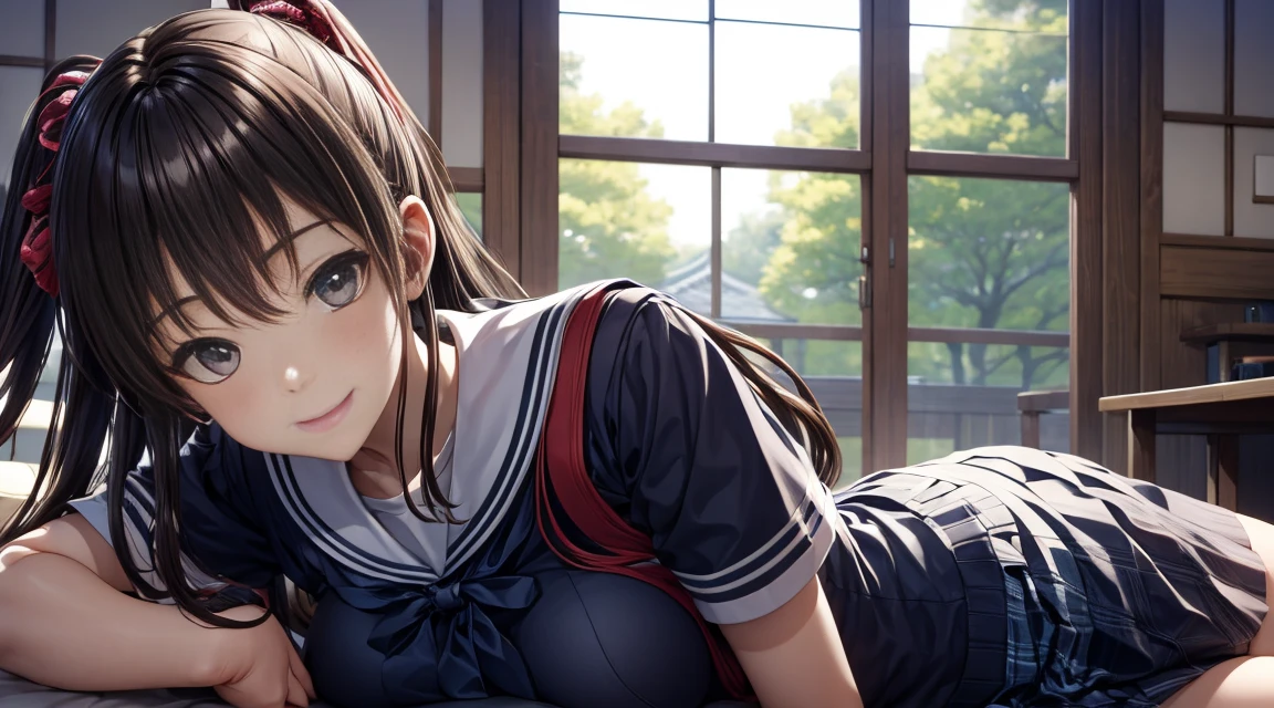 Young girls，double-ponytail，Pale blue hair，red color eyes，JK school uniform，solo person，Maid skirt，white stockings，White knee-length socks，Suspenders，looking to the camera，in a panoramic view，Lying on the couch，Five black males，White T-shirt，denim pant，Smiling at the girl，Masterpiece，Best quality，Japanese style binding，tatami mats，bedroom background，4k，Outstanding work。