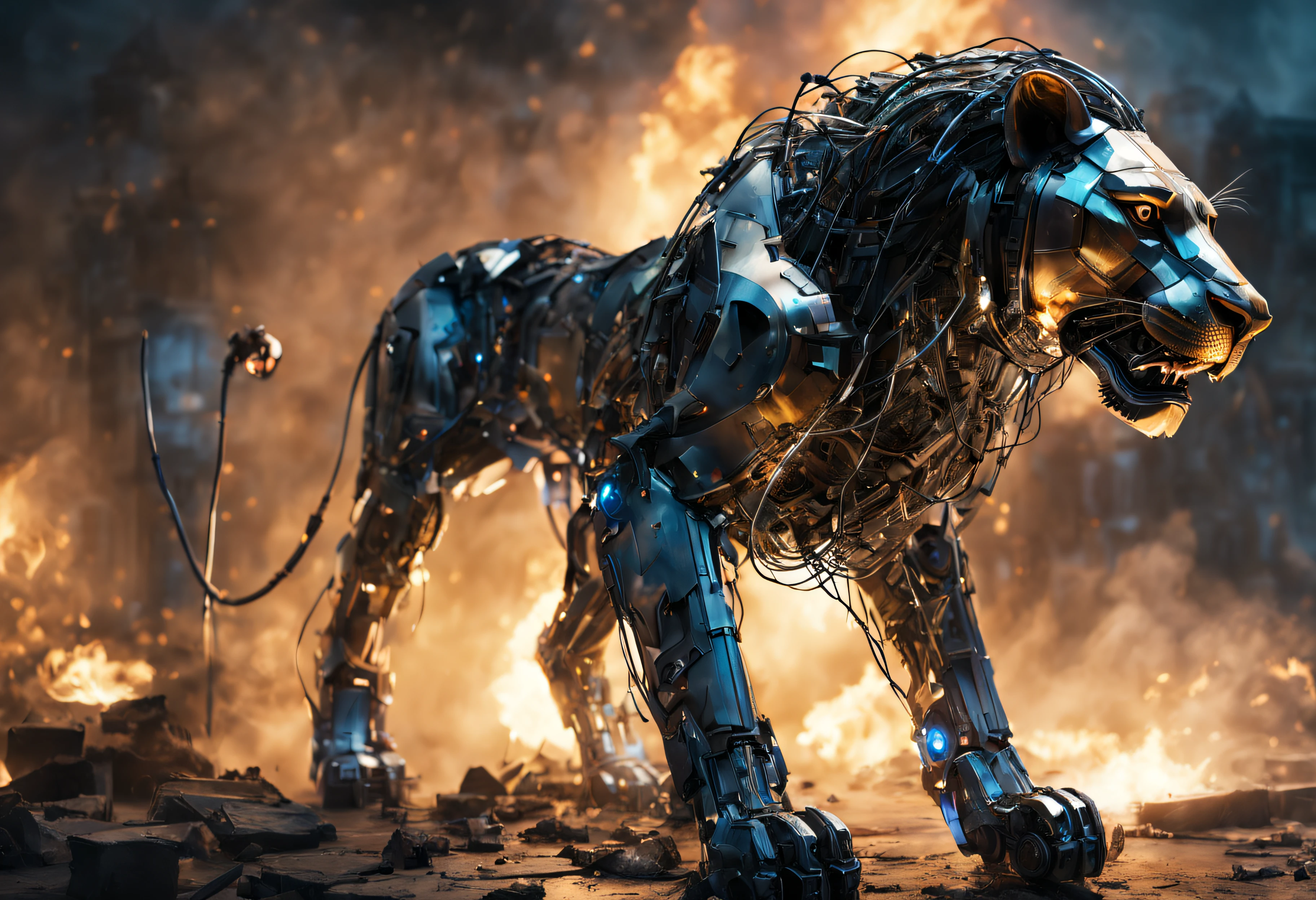 (A cybernetic lion stands on the ruins of old technology), (Cyborg Lion, Torso made of transparent plastic, Visible Internals and Luminous Wires, A formidable cyborg lion with a transparent body), (post apocalyptic atmosphere), Ruins & Ruins, Detonating mechanisms, Scattered Parts, Black smoke, A fire is burning here and there, higly detailed, A clear picture of every detail, hight resolution, Cinematic Photo, Artistic lighting, Maximum realism