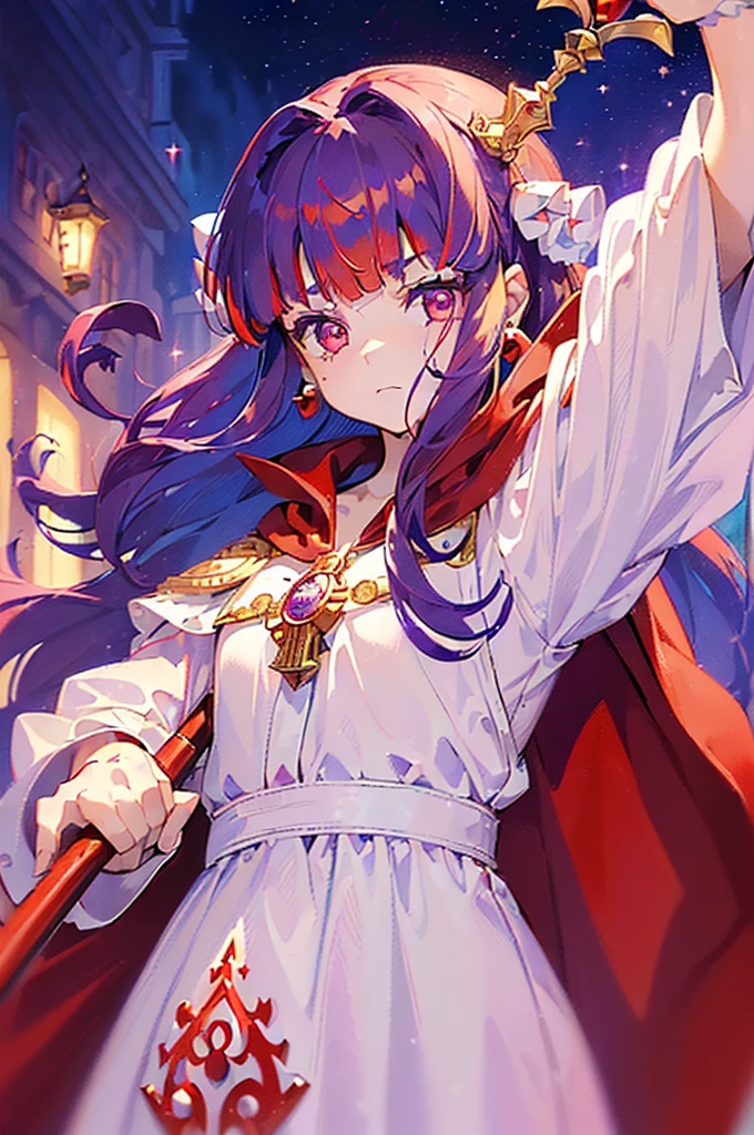 ((((Princess of Moon-burg)))), ((1little girl)), 13yo, (((deep purple hair))), ((blunt bangs)), (Fluffy long hair), (deep red eyes), ((((Red Hood)))), (((Red Stall))), pearl earrings, ((White robe with red edging)), ((droopy eyes)), Striped panties,
photo realistic, sense of depth, Absurd resolution, high resolution, 8k, 4k, detail, Best Quality,
smile, Looking at the camera, full-face blush, Open legs, looking forward, Angle from below,
in Weapons shop, castle town,