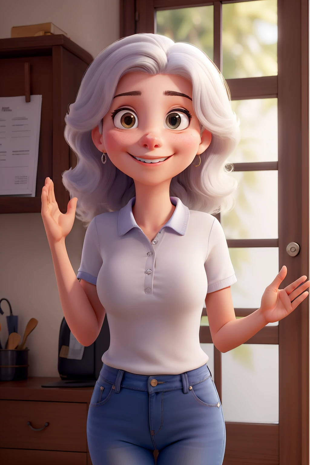 Obra-prima, melhor qualidade, Pousando para fotos: Aurora Arruda, A young and successful Brazilian businesswoman. She's a young woman, por volta de seus 28 anos, de pele branca, cabelos lisos, longos e castanhos que atingem a cintura. Em cada retrato, Aurora will be smiling, Looking directly at the camera and waving his hand. She will be dressed in a navy blue polo collar shirt, jeans e saltos.