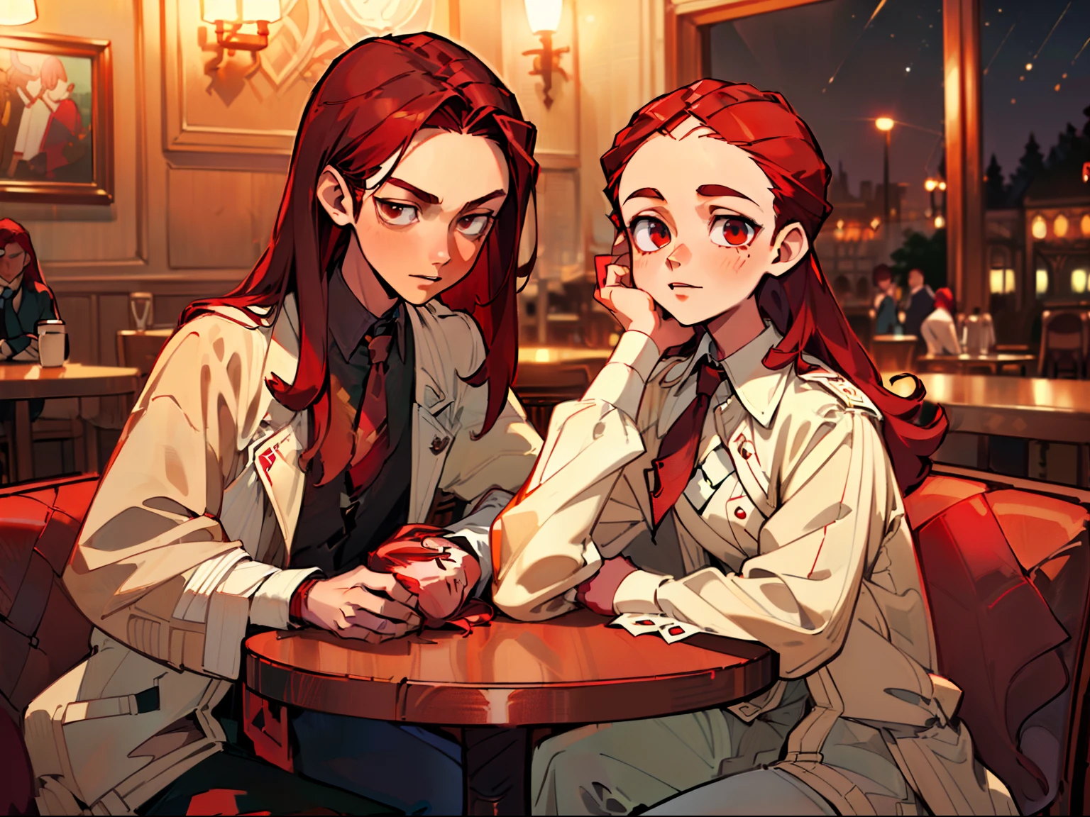 ((masutepiece,top-quality)),((1 brunette youth:1.5,1 Dark red-haired boy:1.5)),Detailed face,((Two young people talking in a café at night:1.5)),((Whitening skin:1.3)),((flatchest)), ((sit on chair)),((England in the 18th century)),((Night time zone:1.2)),Lace curtains,((first person,Forehead:1.3, 1 brunette youth:1.5,shoulder-lengthhair:1.3)),(Smile), (((White jacket,The shirt,Neck tie))),((second person,Forehead:1.3, Long-haired boy with crimson hair:1.5)),Long sleeves,((Manteau)),((The white of the eye skin:1.3))