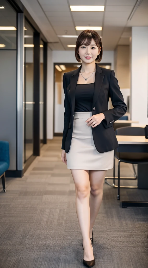 Best Quality, High Quality,Ultra Quality, 8k portrait ,Japanese woman,30 years old,new employee ,large breasts ,side poneyTail,black Business women's suit skirt,full body,In the office