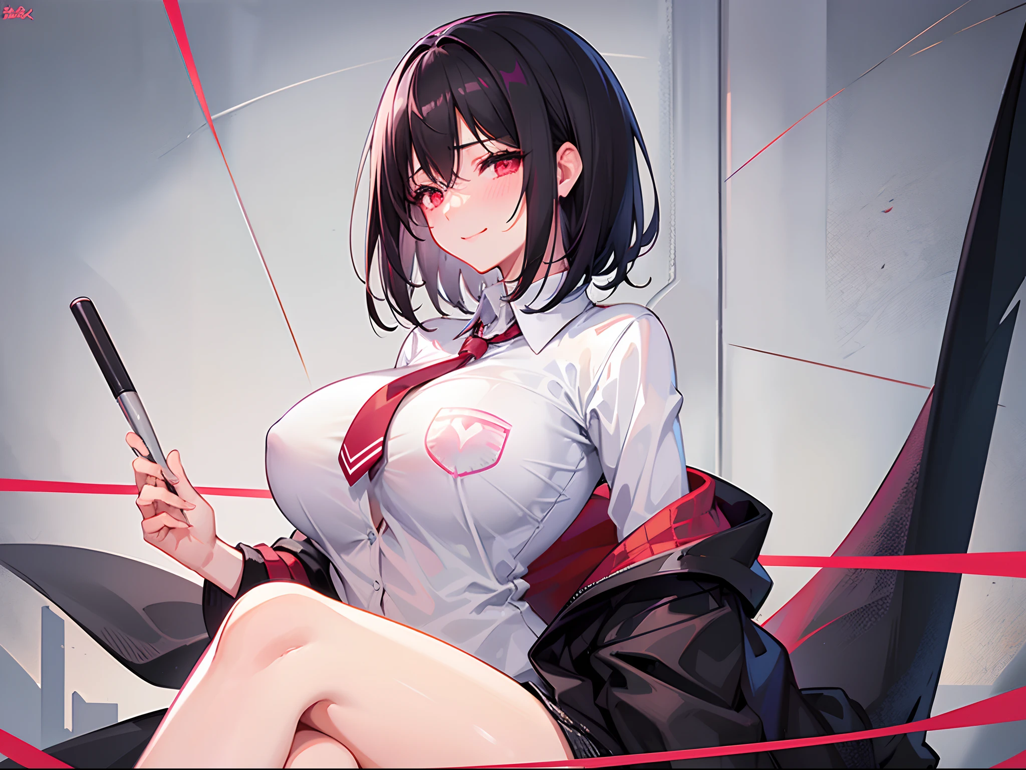 A woman with short black hair and pink-red eyes...........Wearing a teacher's uniform....... Slim profile, Fair-skinned, large boobs, Sexy. He blushed a little..........., Close your eyes and smile brightly.............On Mobile,pen
