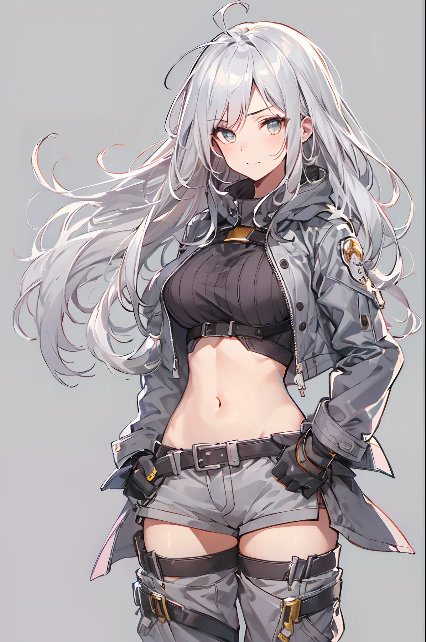 1girl, {solo}, upper body ,{{ {looking at viewer}}}, arm at side, concept art, white background, simple background, white hair, silver gradiient hair , complex cloth, asymmetrical clothes, virtual youtuber, best quality, masterpiece, dynamic angle, guilty gear, guilty gear, guilty gear, cowboy_shot, looking_back, grabbing, girl,woman,female, young,20 years old, very long hair, flipped hair, silver hair, flowing hair, ahoge, smirk, beautiful and delicate golden eyes, teeth, medium_breasts, blonde eyes, white skin, coat, hoodie, black_shorts, grey Clothes, transparent_background, backlighting, absurdres, highres, ultra detailed,