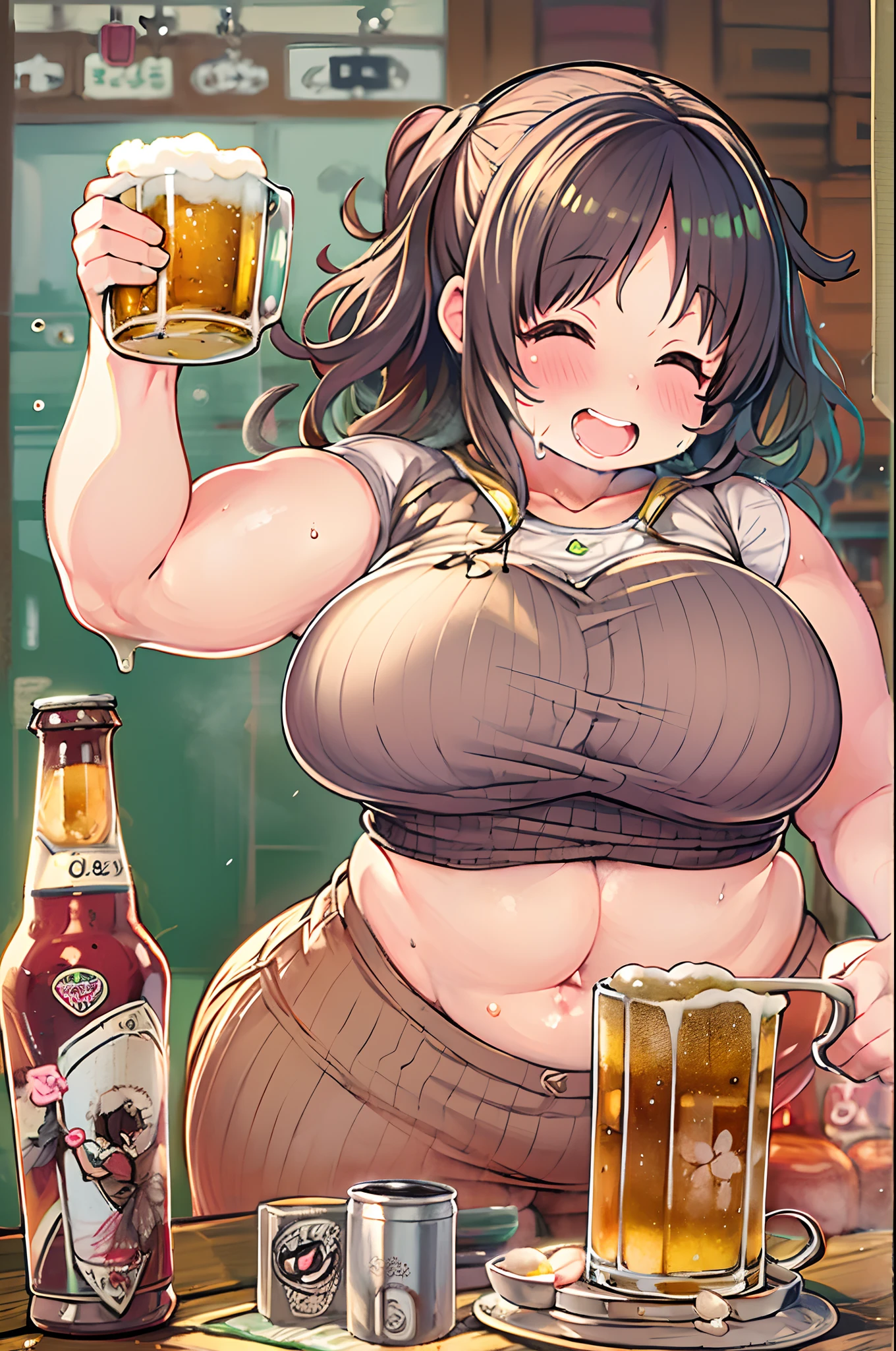 masutepiece, Best Quality, 1人、huge-breasted、bbw、Holding (beer)1.5、Thumbs up、huge smile
