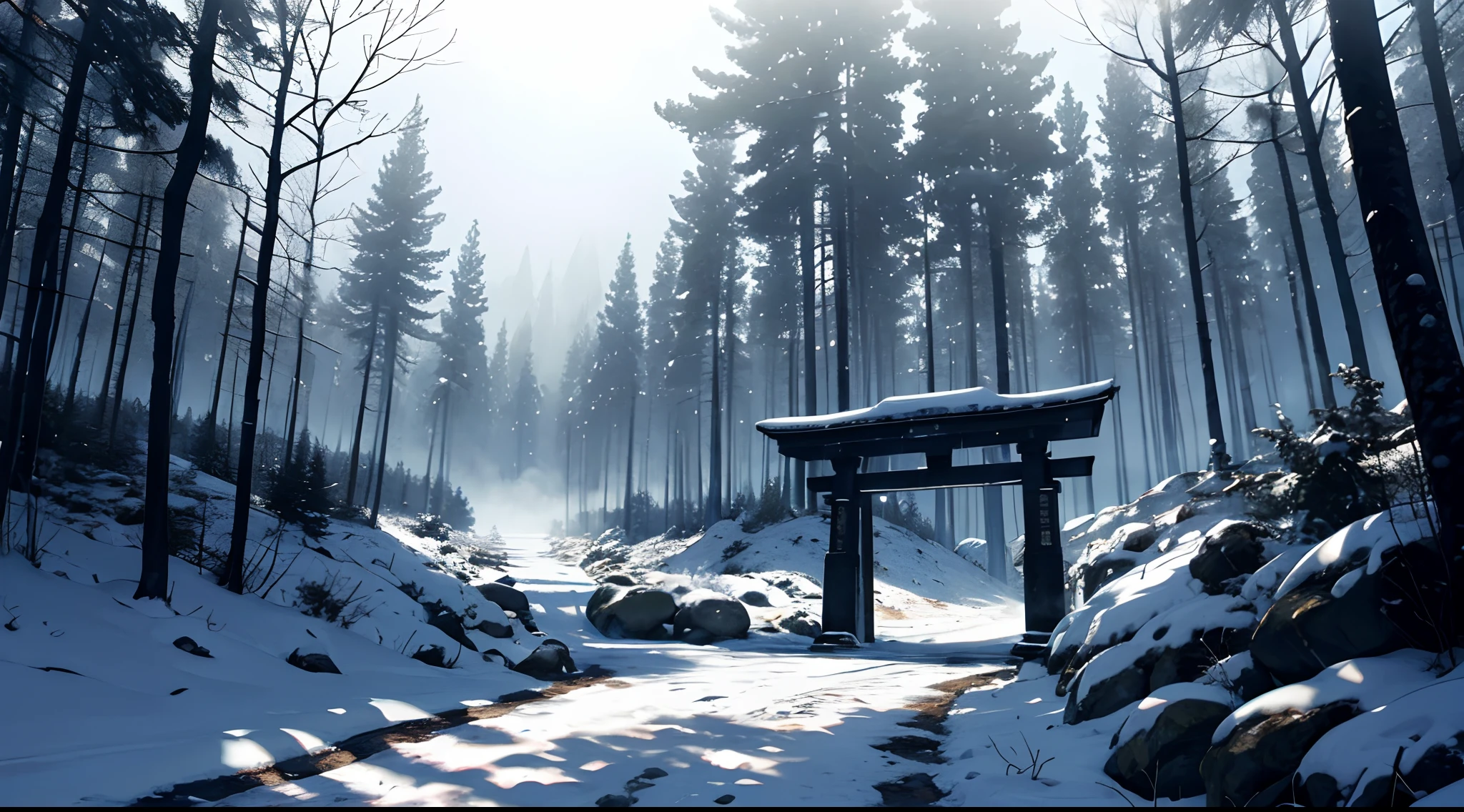 yuki(snow mountains、(In the deep forest)、Foggy、disturbing atmosphere)、torii gate