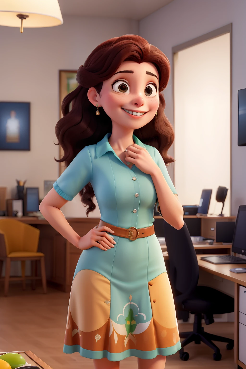 Obra-prima, melhor qualidade, Pousando para fotos como uma recepcionista: Aurora Arruda, A young and successful Brazilian businesswoman. She's a young woman, por volta de seus 28 anos, de pele branca, cabelos lisos, longos e castanhos que atingem a cintura. Em cada retrato, Aurora will be smiling, Looking directly at the camera and waving his hand. You'll be dressed in a dress suit.