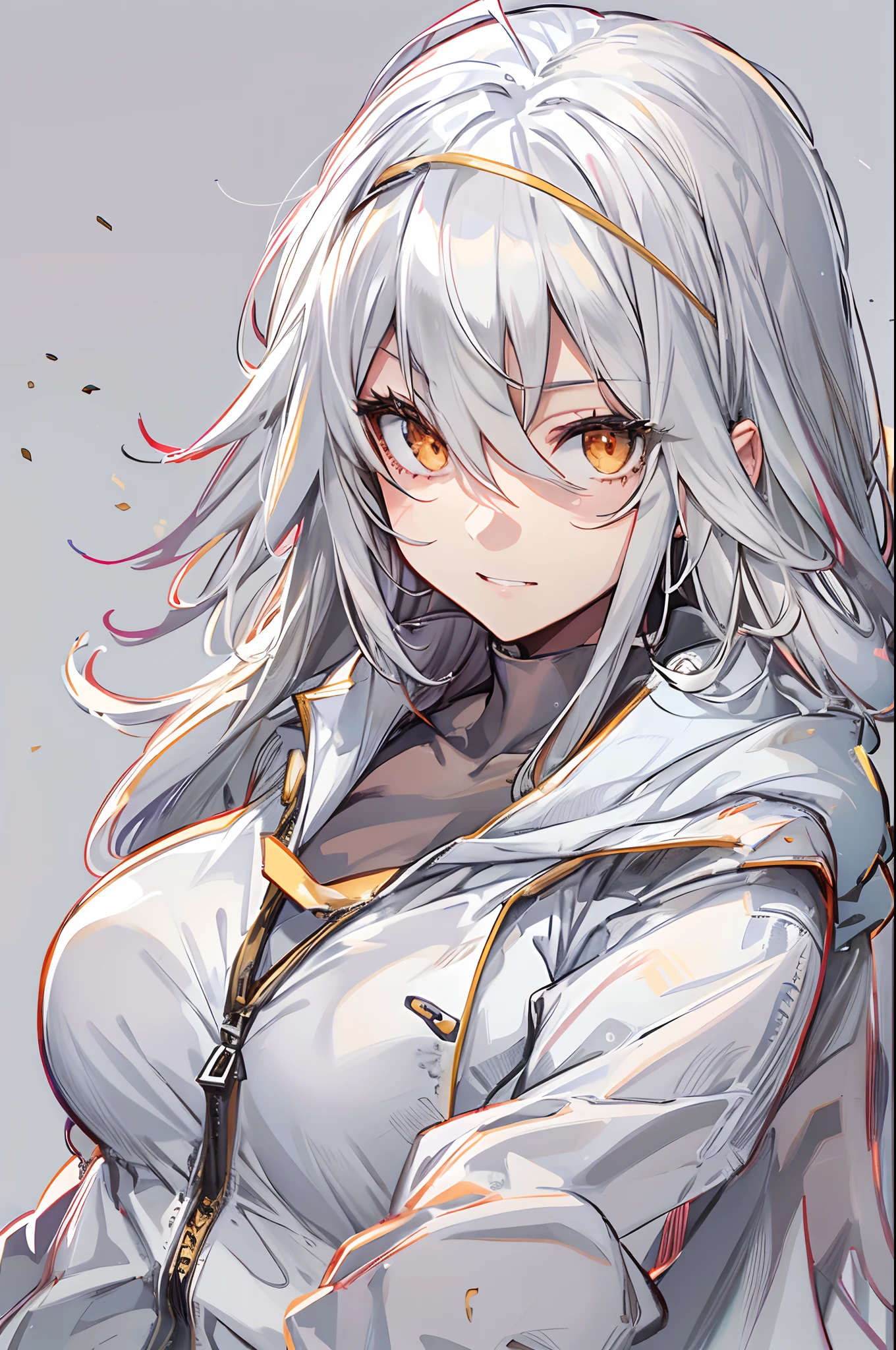 1girl, {solo}, upper body ,{{ {looking at viewer}}}, arm at side, concept art, white background, simple background, white hair, silver gradiient hair , complex cloth, asymmetrical clothes, virtual youtuber, best quality, masterpiece, dynamic angle, guilty gear, guilty gear, guilty gear, cowboy_shot, looking_back, grabbing, girl,woman,female, young,20 years old, very long hair, flipped hair, silver hair, flowing hair, ahoge, smirk, beautiful and delicate golden eyes, teeth, medium_breasts, blonde eyes, white skin, coat, hoodie, black_shorts, grey Clothes, transparent_background, backlighting, absurdres, highres, ultra detailed,