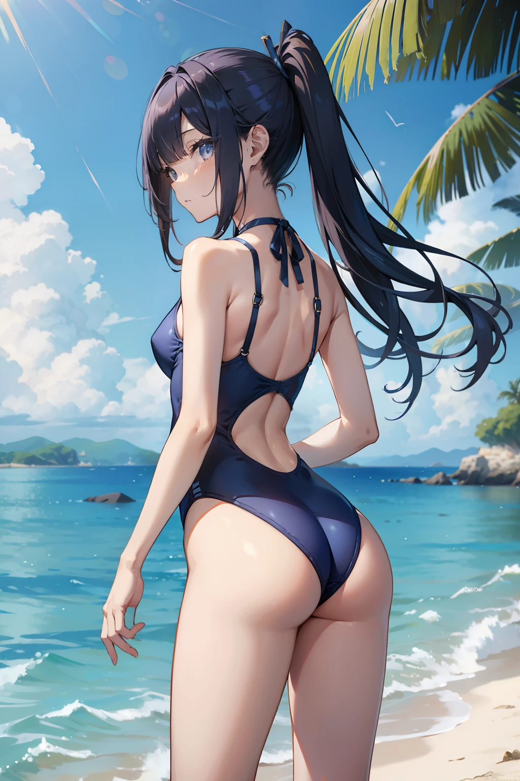 top-quality、Full limbs、Complete fingers、Slender beauty、hair straight、poneyTail、kneehigh、Blue school swimsuit、Small eyes、s ass、Back angle