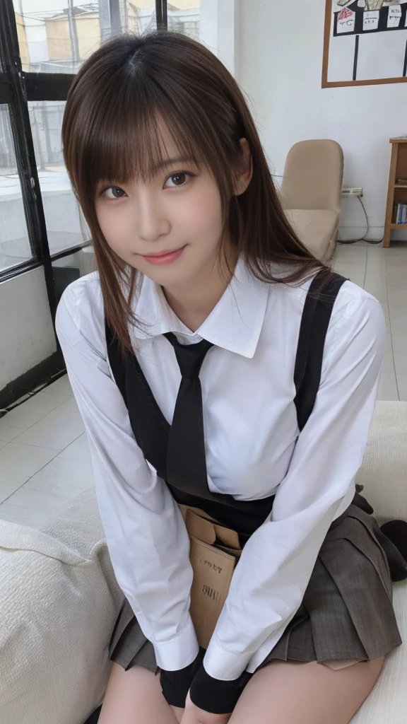 NSFW,highest quality,excellent details,ultra high resolution,Cute Japanese girl with perfect style,smile,light brown hair,Highly detailed face and skin texture,double eyelid,small breasts,White long sleeve collared shirt,{Place one elbow on knee and hand under chin:1.5},sit,skirt,No panties,Full view of pussy,raise your legs,knee high socks,coffee shop,laptop,crowd