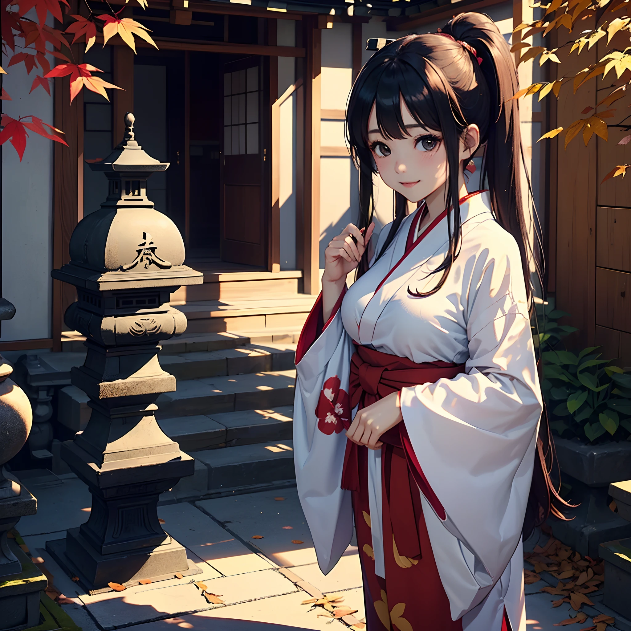 Best Quality、masutepiece、(shrine maiden、japanes、Beautuful Women、25-years old、Beautuful Women:1.5、cute little:2、spotless、D-cups)、Colored leaves、autumnal、(ssmile、slightly red cheeks)