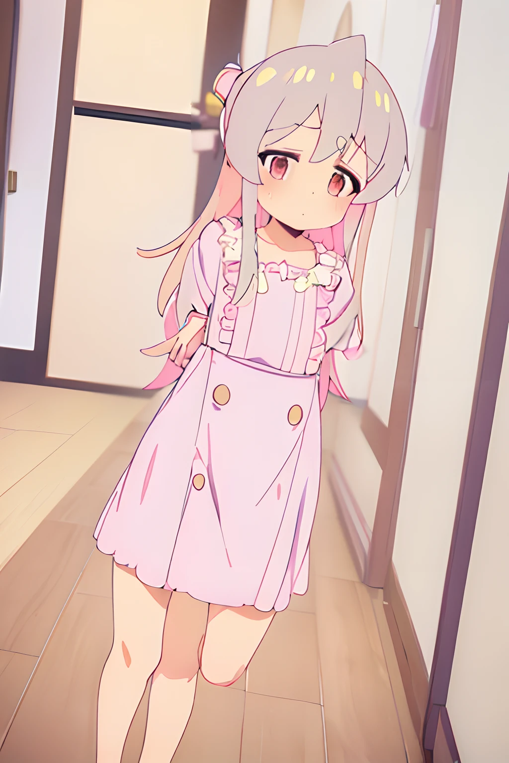 ((Oyama mahiro)), (Anime 1.5), ((Masterpiece)), (High Definition:1.3), from below, (Professional Photography:1.2), (flat body), pale ivory hair, silky long hair, oversized frilly dress, (sleeves past wrists, sleeves past fingers), moesode, hurray, (blush, very flustered face), (on the large halls), sweaty, cute and beautiful, ahoge, ((cute pose and standing))