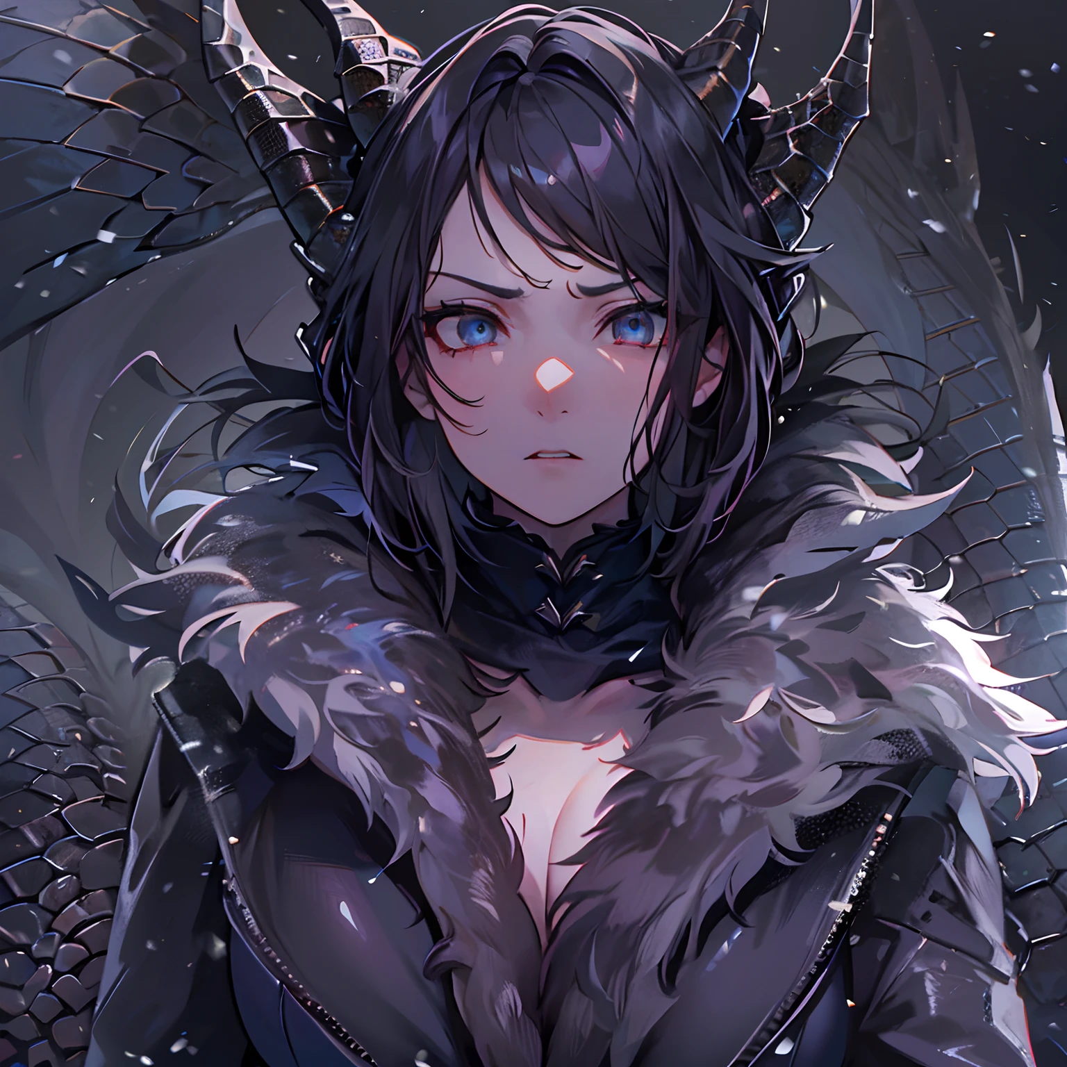 (High resolution, best quality, masterpiece), detailed, ultra detail, 1female, physically fit, curvy, slender body, fierce expression, dark eyes, (detailed eyes), black hair, short length hair, ((dragon horns)), ((face: dragon scales)), face covered in scales, ((topwear: fur lined coat, bottomwear: tight jeans)), snow background, part draconic, somber expression, inhuman, reptilian skin