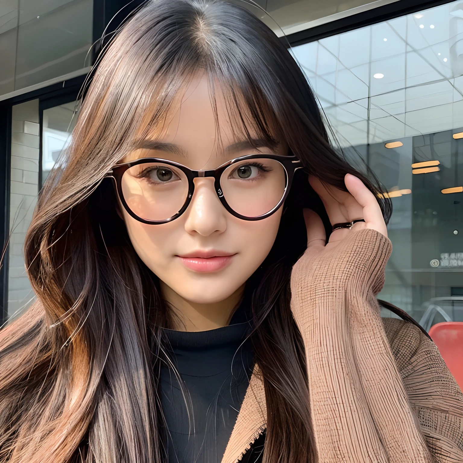 (Highest quality、Tabletop、8k、Best image quality、Award-winning works)、One beautiful woman、Age 25、alone、Perfect beautiful composition、Exactly、(Face close-up:1.3)、(Accentuate your body lines:1.1)、(Perfect turtleneck sleeveless knit sweater:1.2)、(Perfect and precise turtleneck sleeveless knit sweater:1.1)、(Very large breasts:1.1)、A tight mini skirt made from elegant Melton fabric.、(Perfect round elegant glasses:1.2)、Slender body、Elegant medium hair、Look at me and smile、(Strongly blurred library background:1.1)、Standing elegantly in the library、Perfect and accurate bookshelf、The most natural and perfect library interior、Natural Makeup、Ultra-high definition beauty face、Ultra HD Hair、Ultra-high definition sparkling eyes、(Teru&#39;s ultra-high-definition beauty skin:1.1)、Ultra-high quality glossy lips、Accurate anatomy、Ultra HD Hair、(Closed lips:1.1)