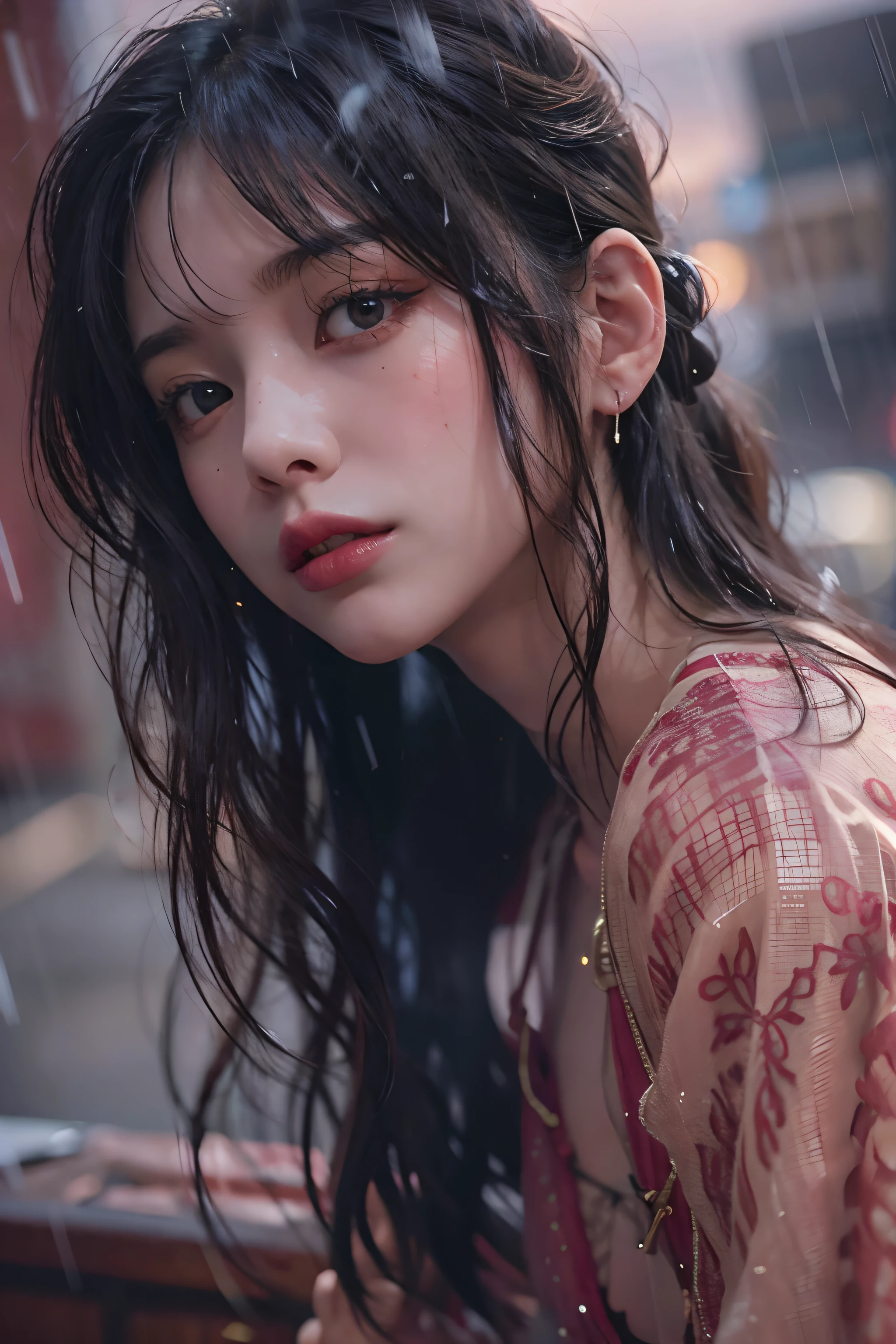 (((profile)))、((Cowboy Shot))、((Girl in 1))、(looking at view)、(in her 20s)、((Black hair long hair))、((Pattsun bangs))、((Pony tail))、(A wistful look)、Pink makeup、(Red-brown eyes)、(Photoreal Stick:1.2)、in 8K、(High quality shadows)、Detail Beautiful delicate face、Detail Beautiful delicate eyes、Cute K-pop Idol、(Korean Urzan Face)、(ulzzang -6500-v1.1:0.6)、gloweyes、perfectbody、Natural color reproduction、Bright red lipstick、Shiny hair、Description beautiful delicate hair、(Lustrous skin)、cloudy ash sky、电影灯光、Red see-through dress、it is raining heavily、Hair and clothes are wet、Buildings in the rain、