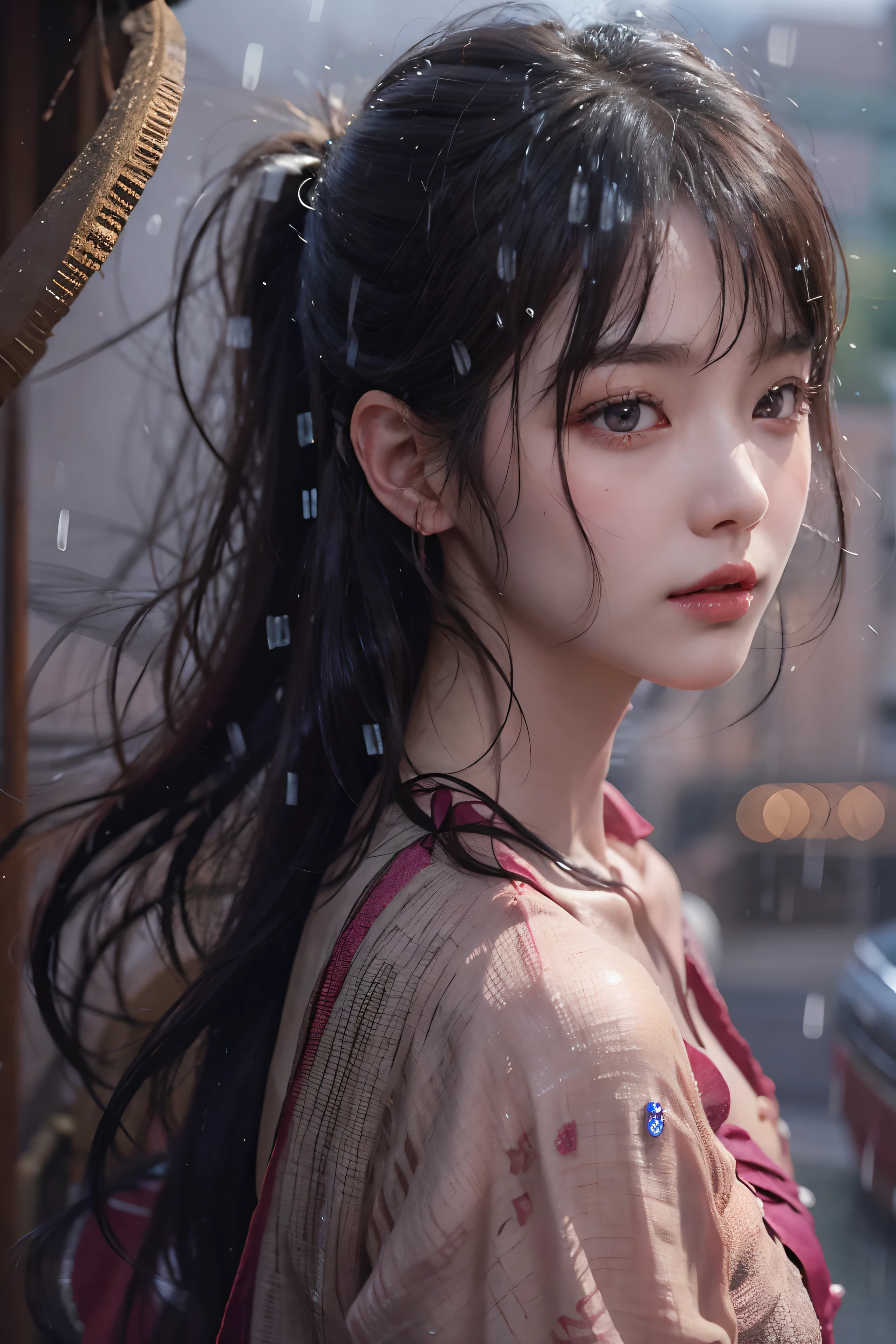 ((From  above))、((a closeup))、((Girl in 1))、(looking at view)、(in her 20s)、((Black hair long hair))、((Pattsun bangs))、((Pony tail))、(A wistful look)、Red camisole、Pink makeup、(Red-brown eyes)、(Photoreal Stick:1.2)、in 8K、(High quality shadows)、Detail Beautiful delicate face、Detail Beautiful delicate eyes、Cute K-pop Idol、(Korean Urzan Face)、(ulzzang -6500-v1.1:0.6)、gloweyes、perfectbody、Natural color reproduction、Bright red lipstick、Shiny hair、Description beautiful delicate hair、(Lustrous skin)、cloudy ash sky、on the road、电影灯光、it is raining heavily、Hair and clothes are wet、Buildings in the rain、