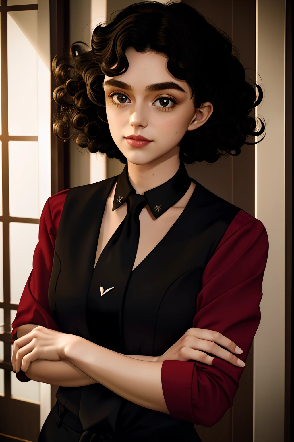 a 1girl, body complet, very detail, a lot of details, very extremely beautiful, ((tmasterpiece)), (short neck-length hair, curly hair, Curled hair, curls), (black necktie, Red shirt), bright colours, Very detailed eyes