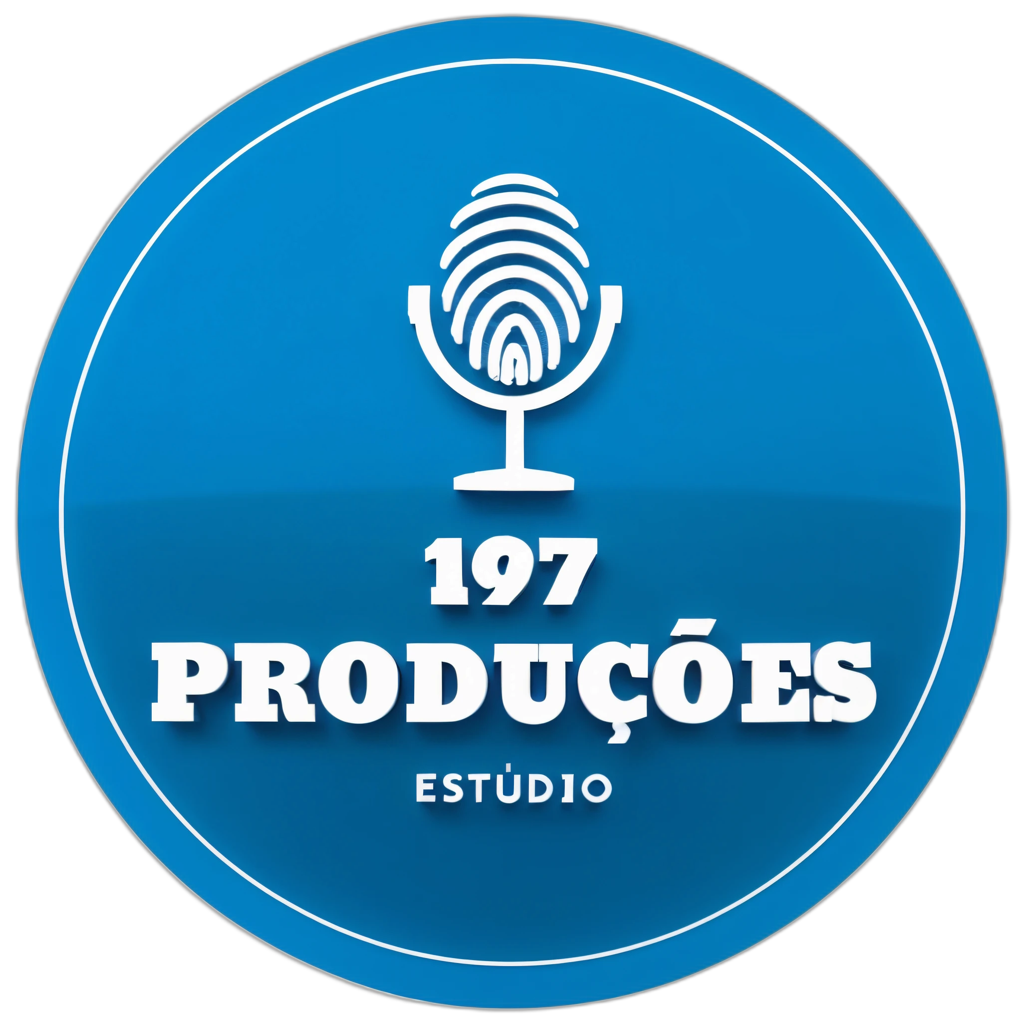 Pixar 3D-style drawing of a photo and film and audiovisual production company with the fingerprint of a thumb on a microphone stand the name 197 Productions studio,  com cores em um circulo azul , as letra escrito em branco.