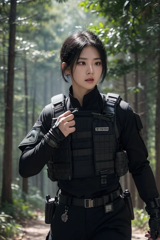 ((tmasterpiece、ultra fine photos、top-quality、超A high resolution、Photorealsitic、foco nítido、(chest circumference、Focus from the chest upwards、beautiful female soldier、30-year-old female)))、delicated face、((White skin of the、黑The eye、Black Hair Shorthair))、Special forces uniforms、Black tactical vest、Military trousers、Black combat gloves、rucksack、Black military undershirt、Detailed facial and chest depictions、detailed hand depiction、Combat pose、Dynamic action、in woods、White smoke、watching at viewers