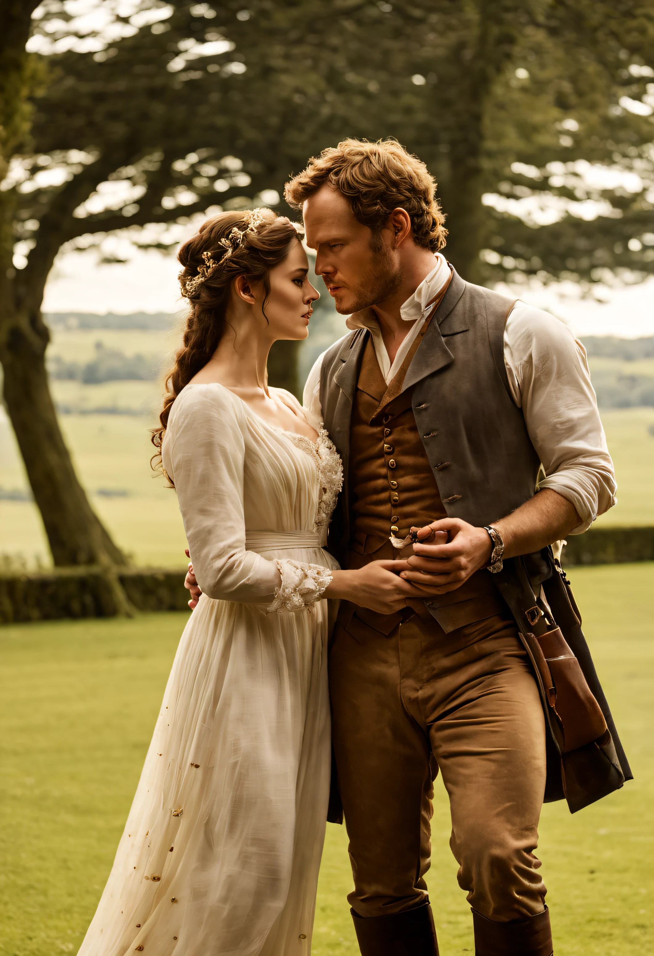 gemma arteton como su personaje de Tess of the D'Urbervilles en brazos de un hombre vestido de la misma epoca de la regencia pero con la cara del actor chris pratt de los guardianes de la galaxias, cinematic film still, un jardin, Chatsworth House, regencia era, Year 1814, romantica novela, Detalles asombrosos, atmosfera oscura, poca profundidad de campo, vignette, Altamente detallado, Alto presupuesto, Bokeh, Cinemascope, enamorados, epopeya, splendid, movie.