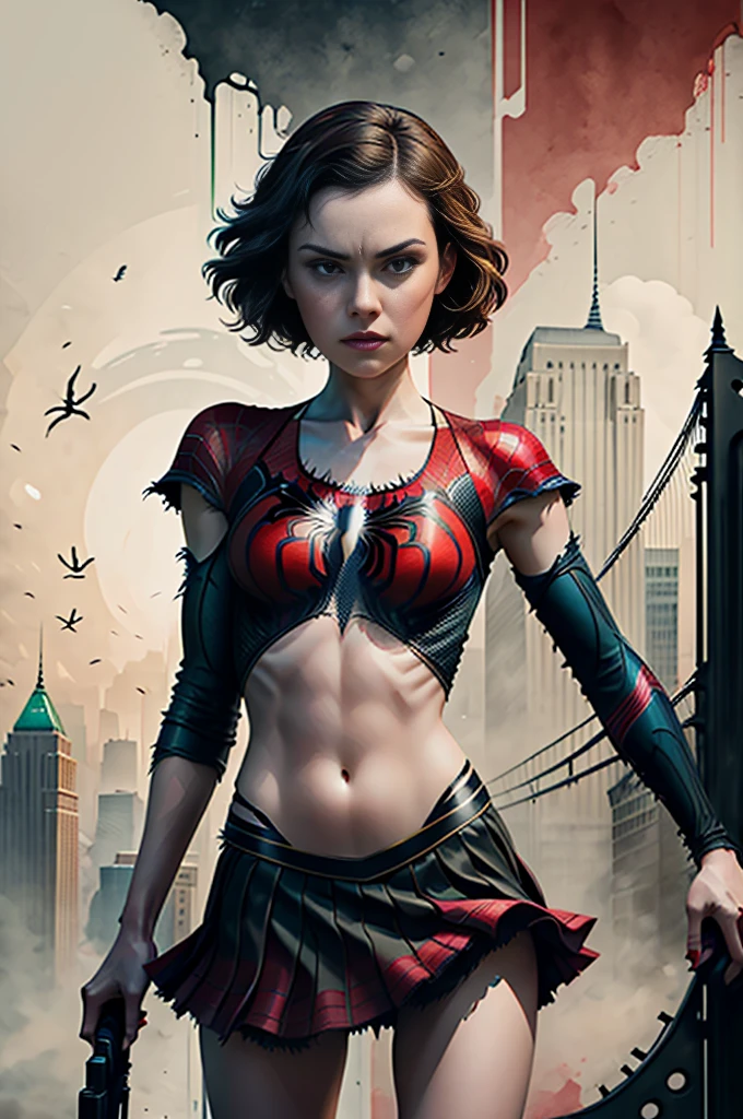 Daisy Ridley、Sticking out the navel、newyork、She wears a torn Spider-Man suit,wearing skirt、 Red and black color scheme,Dynamic、​masterpiece、top-quality、ultra-detailliert、ighly detailed、beautiful detailed brilliance、超A high resolution