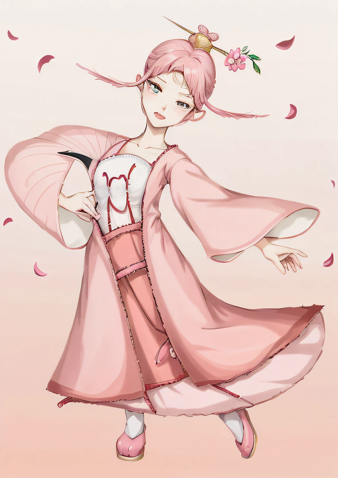 A cartoon girl in a pink dress holding a fan and a pink hat, the non-binary deity of spring, inspired by Josetsu, sakura petals around her, inspired by Tani Bunchō, inspired by Rumiko Takahashi, geisha prima ballerina, inspired by Koryusai Isoda, inspired by Nishikawa Sukenobu