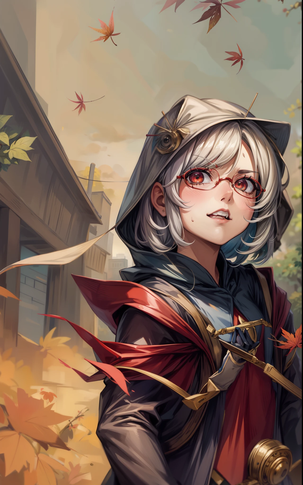 red glasses, hair ornament, hood, autumn_leaves, autumn, red_eyes, 1girl, orange_hair, hood, leaf, maple_leaf, solo, holding, looking_at_viewer, outdoors, gloves, bangs, smile, hood_up, long_sleeves, fujimaru_ritsuka_(female), jewelry, "Photorealistic, Hyperrealistic, Hyperdetailed, analog style, soft lighting, subsurface scattering, realistic, heavy shadow, masterpiece, best quality, ultra realistic, 8k, golden ratio, Intricate, High Detail, film photography, soft focus"