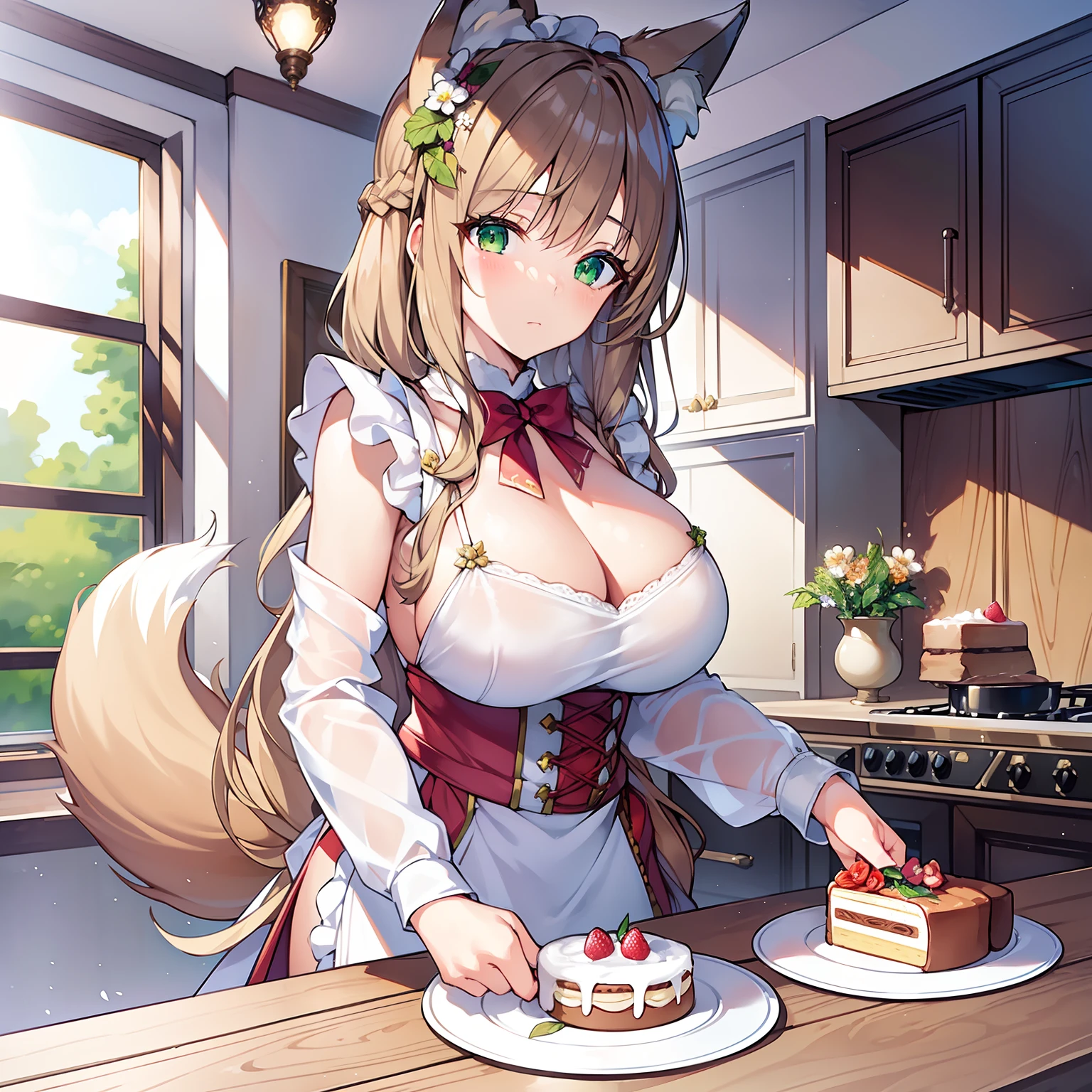 Masterpiece, Best quality, high resolution, 1girll, Solo, Oversized fox tail，Green eyes，(Long brown hair_Sideways French braided hair)，Small flower headdress, (27years old，Big breasts wife)_Mature female figure_F Cup，Modern architecture, A MILF, In the kitchen_Make cakes，aprons，