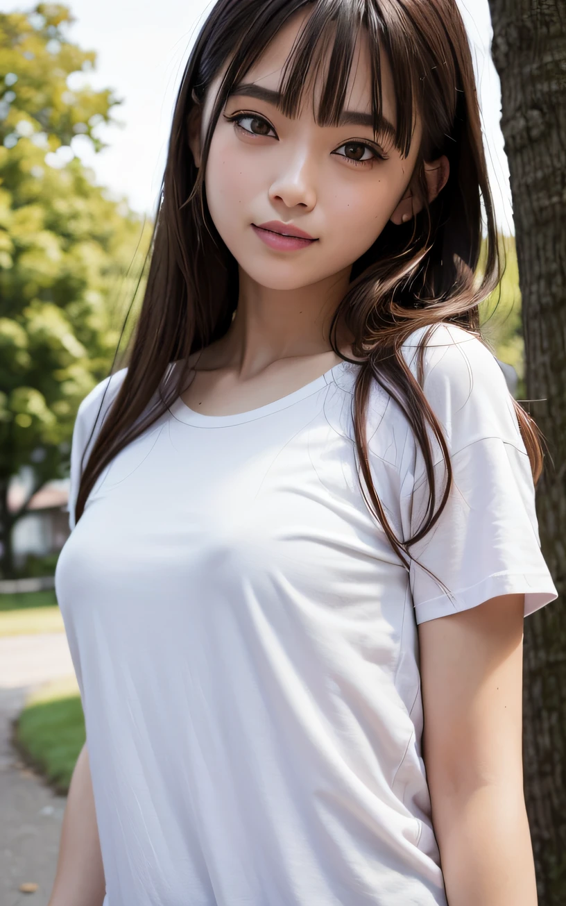 masutepiece, ultra-detailliert, Best Quality, raw phote, (Photorealistic:1.1), Insanely detailed, 1girl in, Beautiful, Cute, trunk neck tee, ennui, open mouth slightly, smile, medium hair, Bangs, How the ends of the hair are blown up by the wind, (Brown eyes), pale skin, from the front side, Soft light, depth of fields ,park, crowd of people