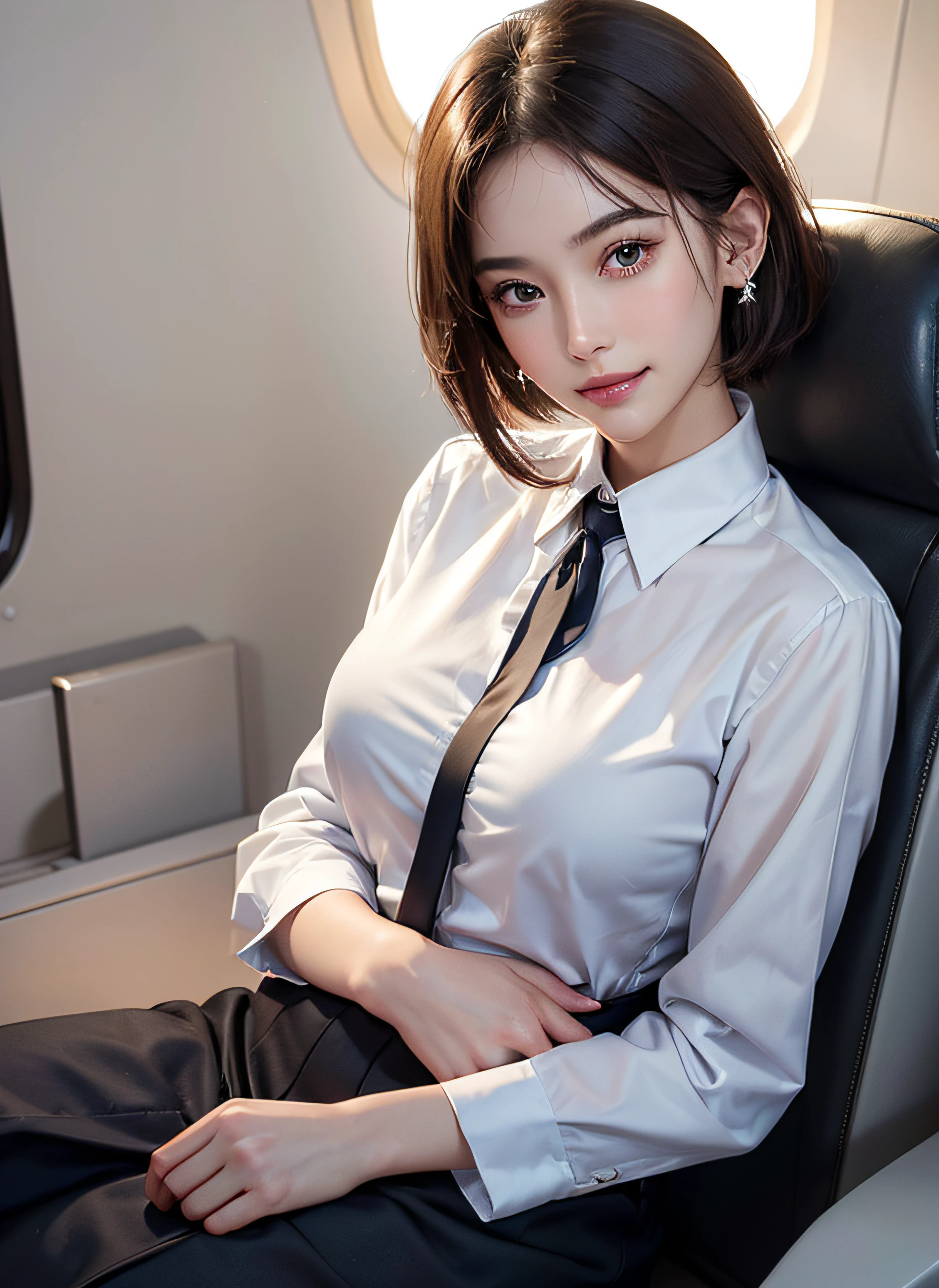(8K high image quality), (top-quality), (RAW image quality),(masutepiece:1.2), (Realistic), (Photorealistic:1.37), ,largeeyes,long eyelasher,(Live-action realistic style),The Ultimate Face,Photorealistic light and shadow,Clear facial features,,Fair skin, ),(The Ultimate Face,Extraordinary beauty),Best portraits, 1-girl,Beautiful detailed eyes,highlydetailed skin,(Beautiful face with double eyelids), (Realism: 1.4),((fullbody image)) ,delicate and beautiful face,,Female about 20 years old,(Beautiful Face 1.4),short hair length,((Japan high school girl in uniform)),(lipsticks,Lame around the eyes,earring beautiful),((Shot on an airplane)),(sitting in the seat),(Flight attendant uniforms)),,(Flight attendants in uniform),,(cowboy shot),Shoot head-on,,Close-range shooting,((Upper body should only wear a blouse and bra)),(((Show your audience your best smile))),Lightly dressed flight attendants,Expose the bra a little,Open your legs wide,Open your legs to show your panties