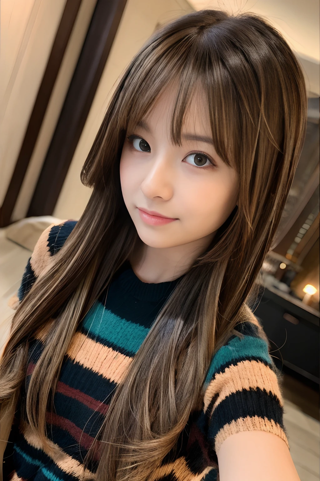Best Quality,masutepiece,Detailed,Hyper realistic,Long hair,striated hair,Brown hair,1girl in,Night view
