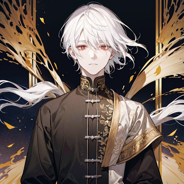 1 man, white hair with black highlights, medieval lace up shirt, white but yellowish skin, red eyes, wind.