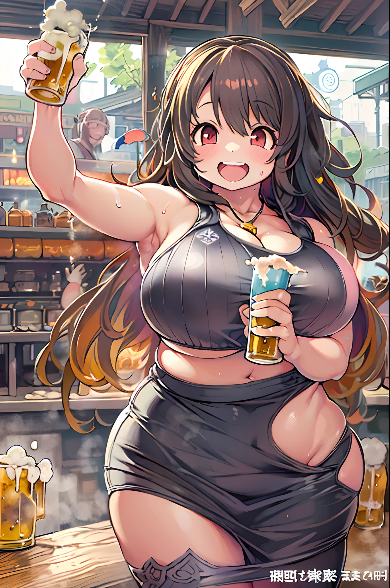 masutepiece, Best Quality, 女の子1人、huge-breasted、bbw、Holding (beer)1.5、Thumbs up、huge smile