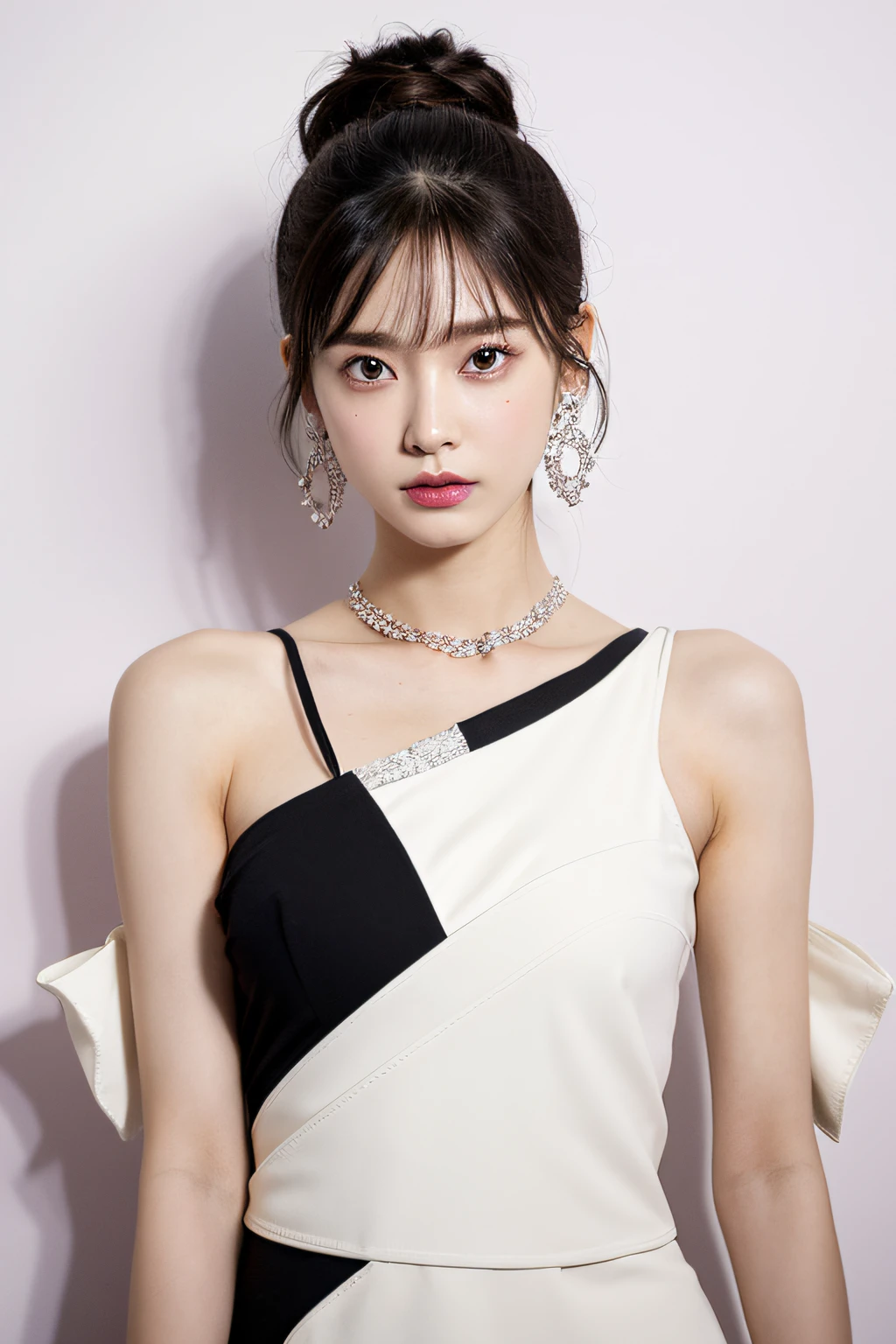 (Extra detailed body、The face is rich in detail、Best quality:1.2)、20-year-old sweet girl、Looking at the audience、(Quirky stylish、Large shoulder-length piercing、A necklace、Contrast purple, White and black clothes、Asymmetry:1.1),Large Breasts