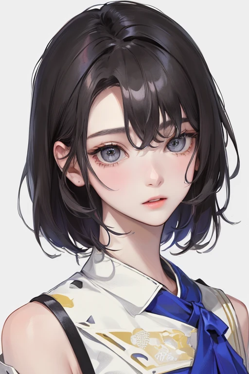 (Top resolution、Distinct_image)top-quality、femele、masterpiece、ighly detailed、Semi-realistic、grey eyes、18year old、年轻、Casual clothing、Exquisite facial features、Facial features、shorth hair
