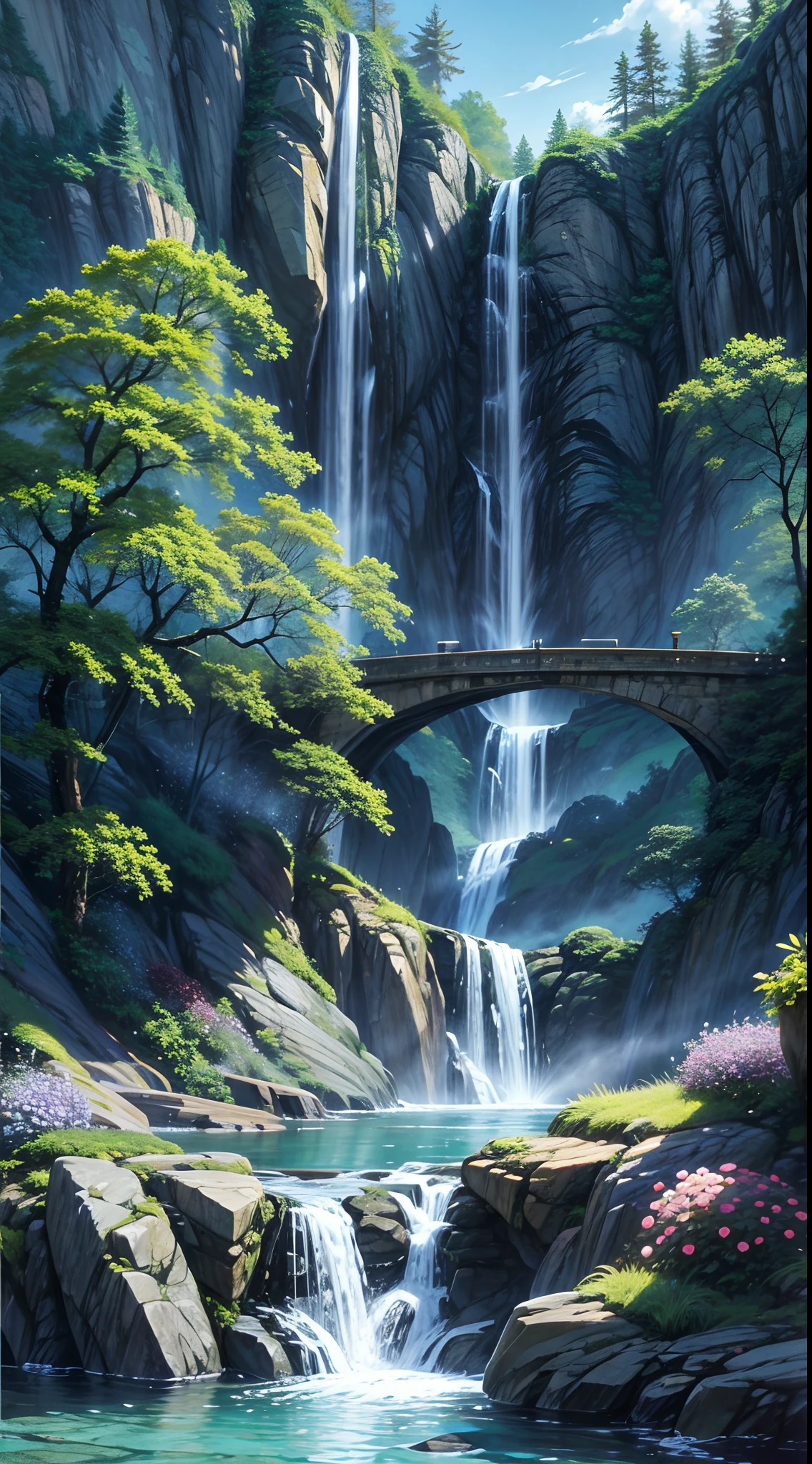 waterfallr,rivulets,stone,High hills,flowingwater,Flowers and trees,Epic composition,tmasterpiece