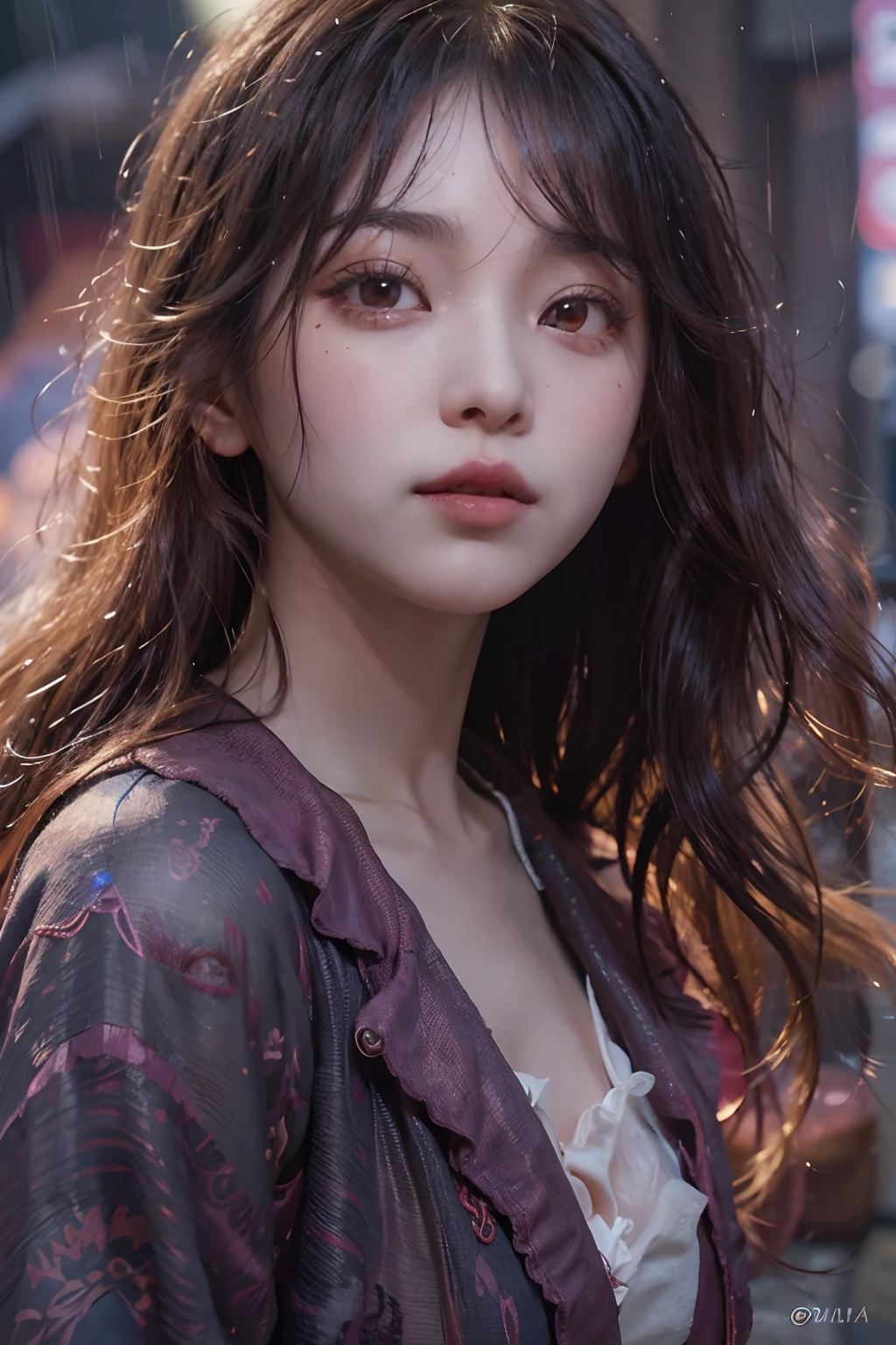 ((a closeup))、((Girl in 1))、(looking at view)、(in her 20s)、((Black hair long hair))、((Pattsun bangs))、((Pony tail))、(A wistful look)、wetting hair、Red camisole、Pink makeup、(Red-brown eyes)、(Photoreal Stick:1.2)、in 8K、(High quality shadows)、Detail Beautiful delicate face、Detail Beautiful delicate eyes、Cute K-pop Idol、(Korean Urzan Face)、(ulzzang -6500-v1.1:0.6)、gloweyes、perfectbody、Natural color reproduction、Bright red lipstick、Shiny hair、Description beautiful delicate hair、(Lustrous skin)、Buildings at night when no one is there、电影灯光、it is raining heavily、Neon Street、Brown and hair、
