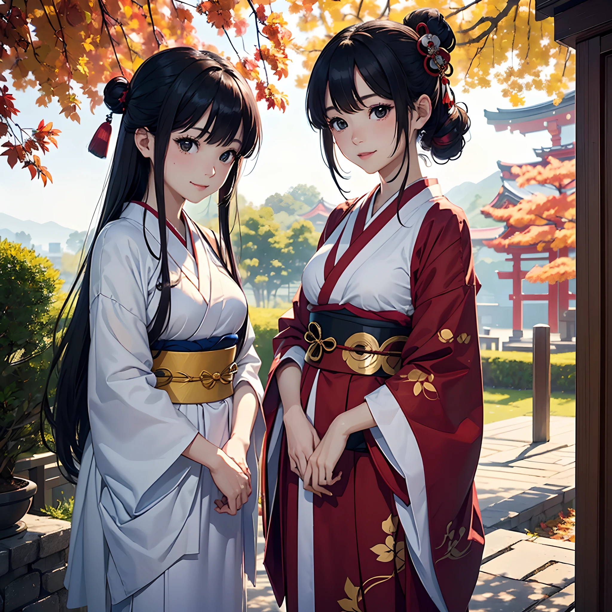 Best Quality、masutepiece、(shrine maiden、japanes、Beautuful Women、25-years old、Beautuful Women:1.5、cute little:2、spotless、D-cups)、Colored leaves、autumnal、(ssmile、slightly red cheeks)