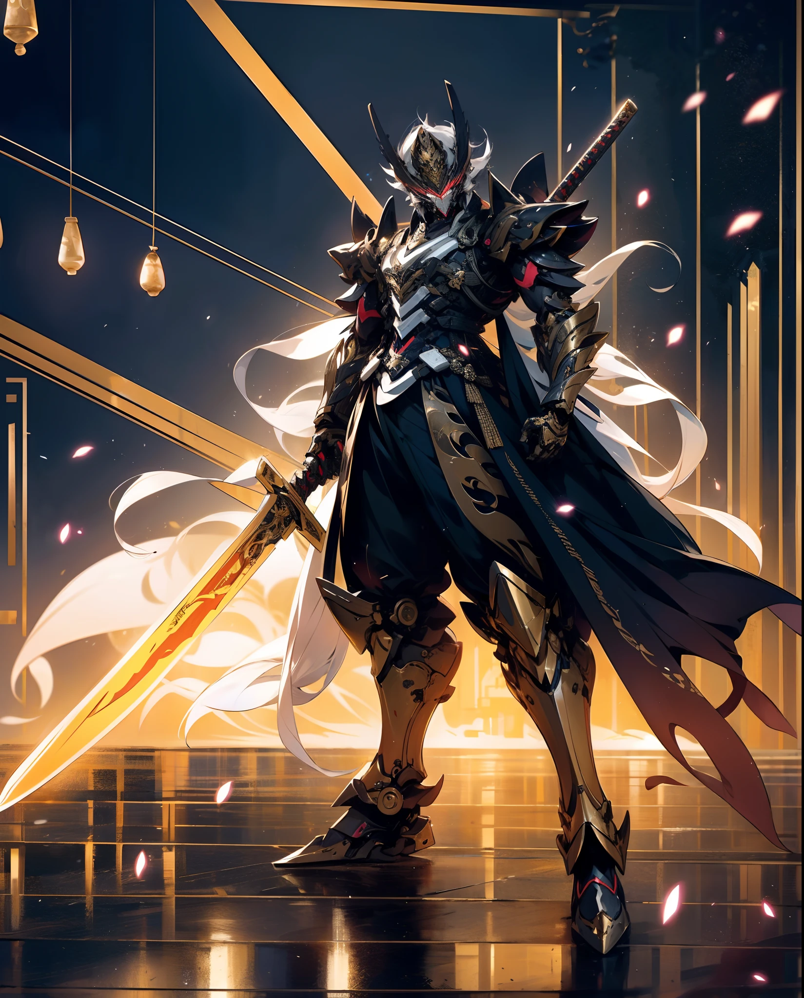 super wide shot, Full body frontal photo,Mecha male warrior， Jade Emperor style,《The mech colors are gold and silver-white》，（《Holding the Xuanyuan sword》，The sword is full of futuristic technology，），（Full body mecha）, Keqing from Genshin Impact, (Masterpiece) ， The best quality， High quality，Gold armor，电影灯光， （Exquisite future）， Beautiful and beautiful， Ultra detailed， great composition， Floating， Depth of field， （Very detailed CG，Unity 8k壁纸）， （Beautiful detail background）， dramatic lights， GOGETTA， Mecha，best qualtiy，超高分辨率，