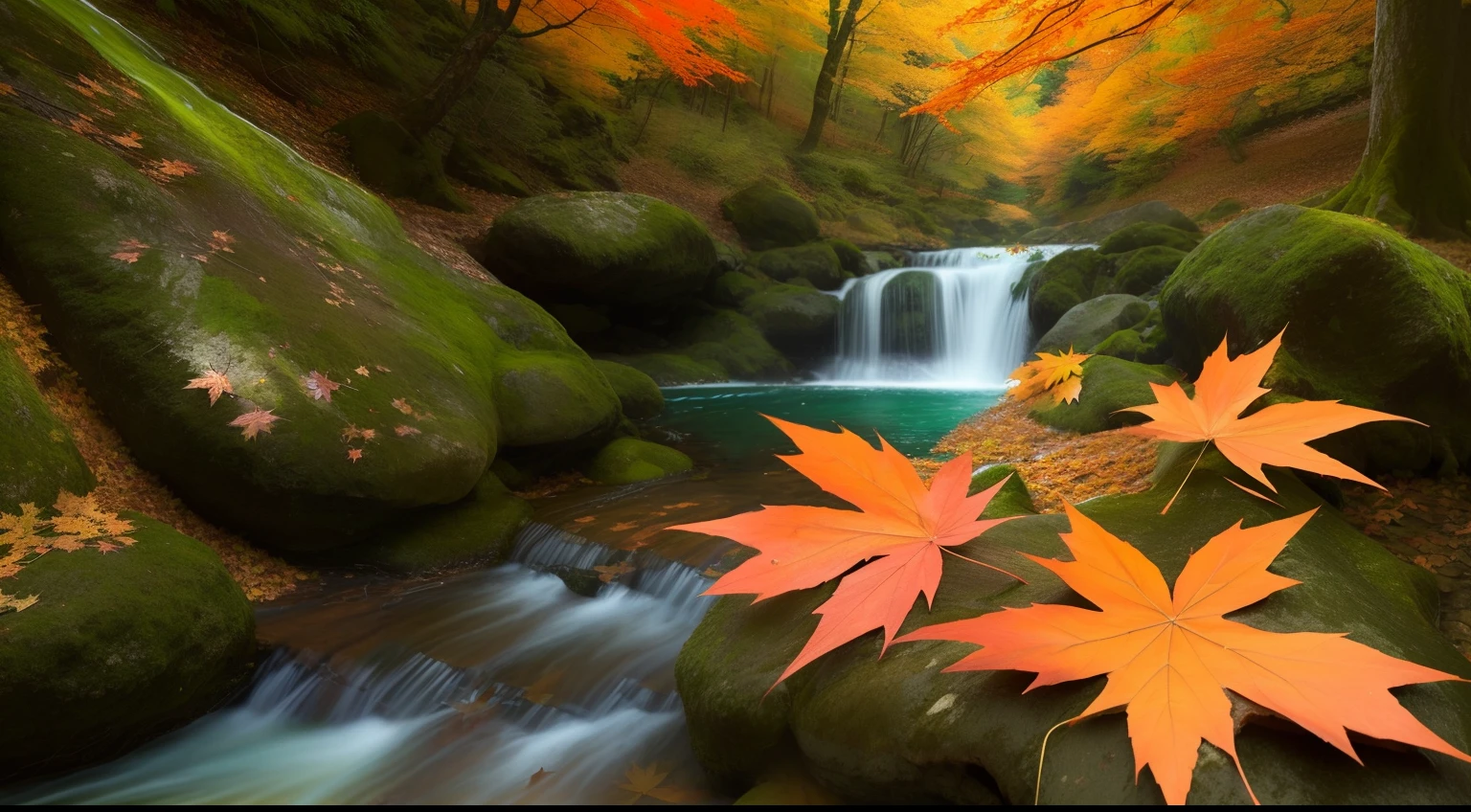 Maple leaves in the forest，fall foliage，Close-up of the live broadcast, serene environment,  Beautiful nature, Gentle sparkling forest stream, Beautiful nature, vibrant water river, nature scenes, Beautiful environment, peaceful beautiful waterfall, river with stunning water, forest and river, in serene forest setting, lakes and waterfalls, peaceful and serene, stunning nature in background