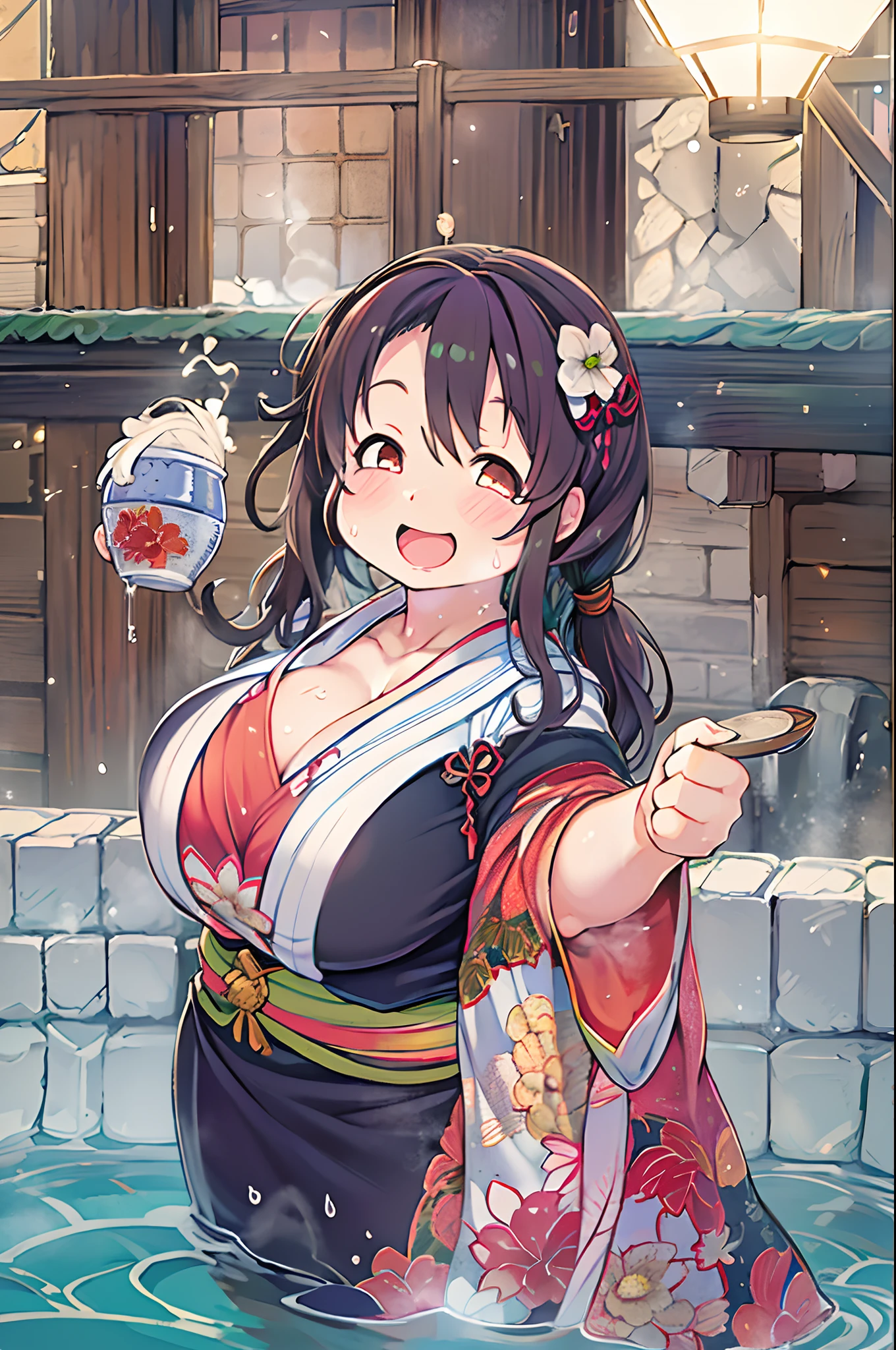 masutepiece, Best Quality, 女の子1人、huge-breasted、bbw、Holding (sake)1.5、Thumbs up、huge smile、in onsen