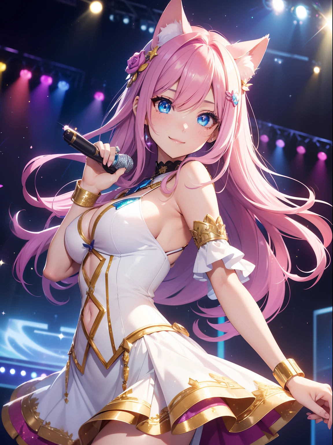 masutepiece, High resolution, 8K, ((anime woman)), Delicate and detailed writing 、Wolf ears、Detailed digital illustration、Braided hair、Shiny hair、Side bangs、a very beautiful woman、Eyes are double, Large, Bust B Cup、High image quality, High quality、Detailed background、(((Wearing idol clothes)))、((Glittering live stage backdrop))、The inside of the eye shines like a diamond (Blue eyes)、Variety of hair colors、Gradient pupil、(((2 arms、4 fingers, 1 thumb)))、Detailed female face、Very beautiful and cute woman、、细致背景、​masterpiece、Soft Focus , Happy smiling face, ((The best bright smile))、Bright gradient watercolor , Lens Flare , (((Glitter))) , Glow , Dreamy , (((Holding a glitter microphone in your hand)))、a miniskirt、Idol、Pink ribbon、Very beautiful purple rose hair accessories. Pink and gold costume with white as the main color、((Straight at the angle of the front))、Glitter Cat Ear Headband、(((Take an idle pose)))、Panchira、