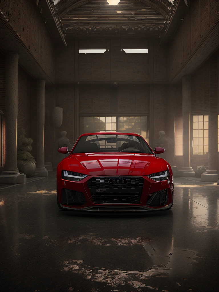 Audi's new sports car is shown in a large room, cinematic front shot, red and cinematic lighting, hyperreal rendering, hyper photorealistic raytracing, photorealistic cinematic render, hyper realistic detailed rendering, hyper realistic rendering, hyperreal highly detailed 8 k, hyper photorealistic raytracing, hdr render in unreal engine 5, ray tracing on, unreal engine realistic render