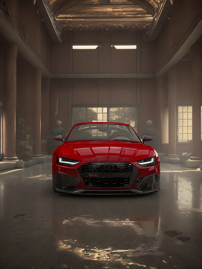 Audi's new sports car is shown in a large room, cinematic front shot, red and cinematic lighting, hyperreal rendering, hyper photorealistic raytracing, photorealistic cinematic render, hyper realistic detailed rendering, hyper realistic rendering, hyperreal highly detailed 8 k, hyper photorealistic raytracing, hdr render in unreal engine 5, ray tracing on, unreal engine realistic render