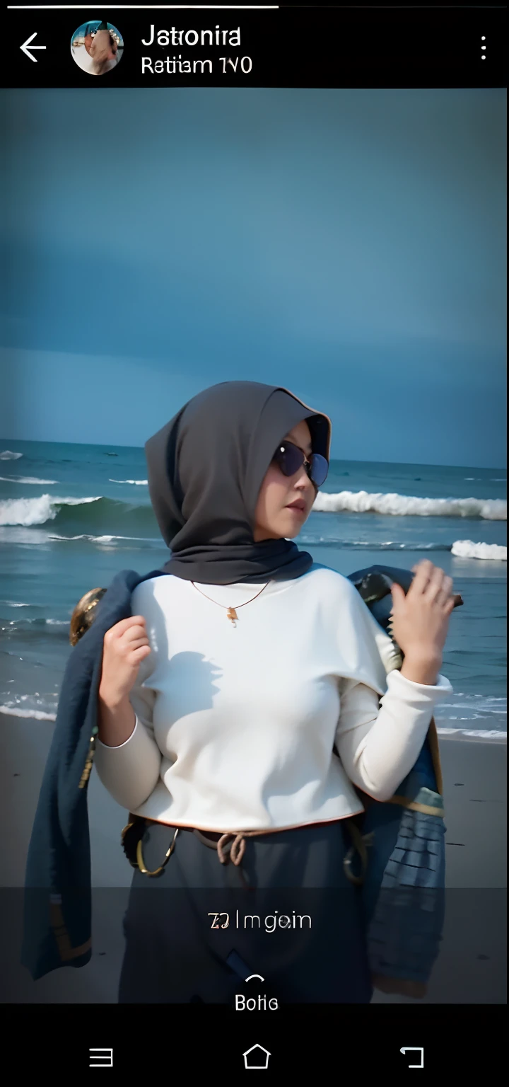 there is a woman standing on the beach with a coat, white hijab, hijab, at a beach, in the beach, at the sea, wave a hand at the camera, in a sea, still from a music video, inspired by Nazmi Ziya Güran, at the beach, inspired by Fathi Hassan, naked