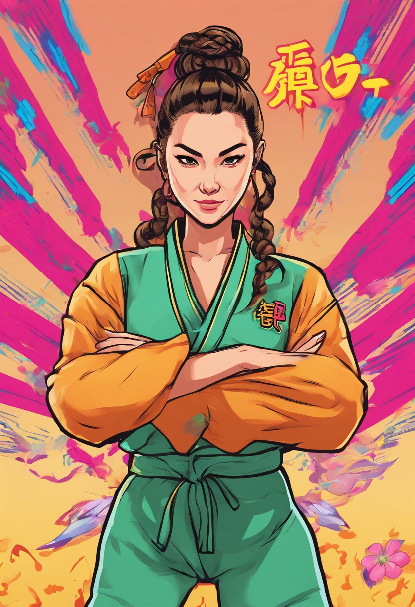Young woman mastering Chinese Kempo、Cute、length hair、Bun hair